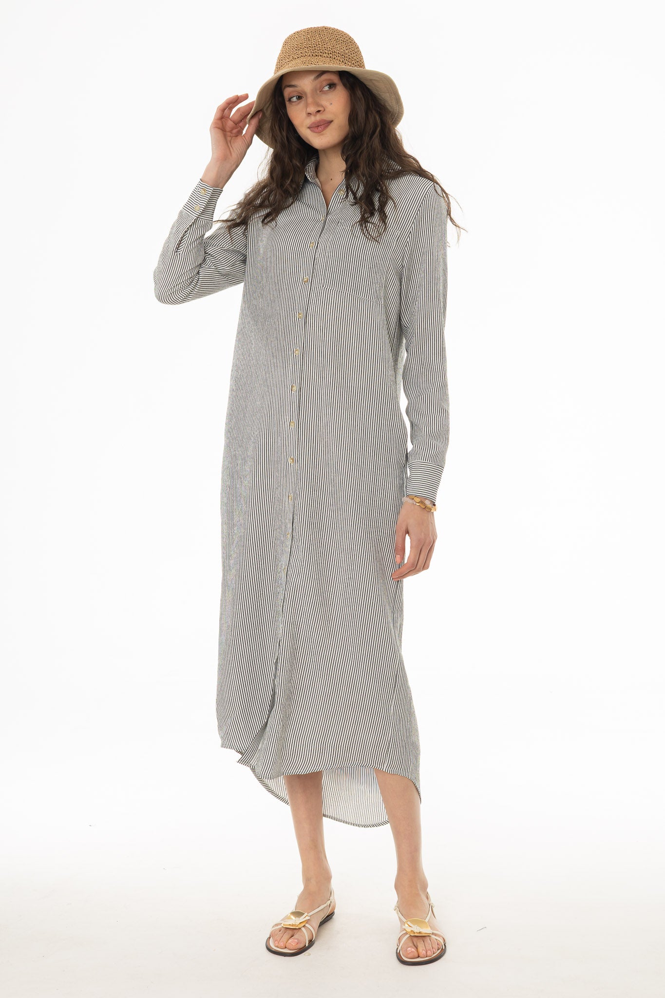 Black Seersucker Striped Maxi Shirt Dress - Image 5