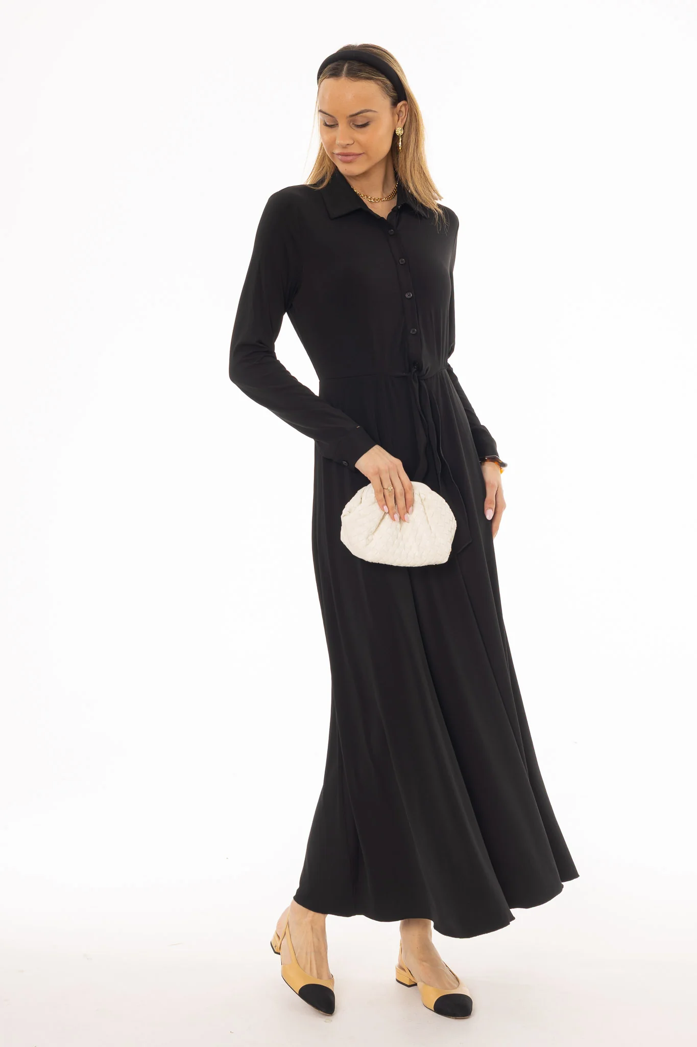 Black Slinky Button Tie Maxi Dress - Image 2