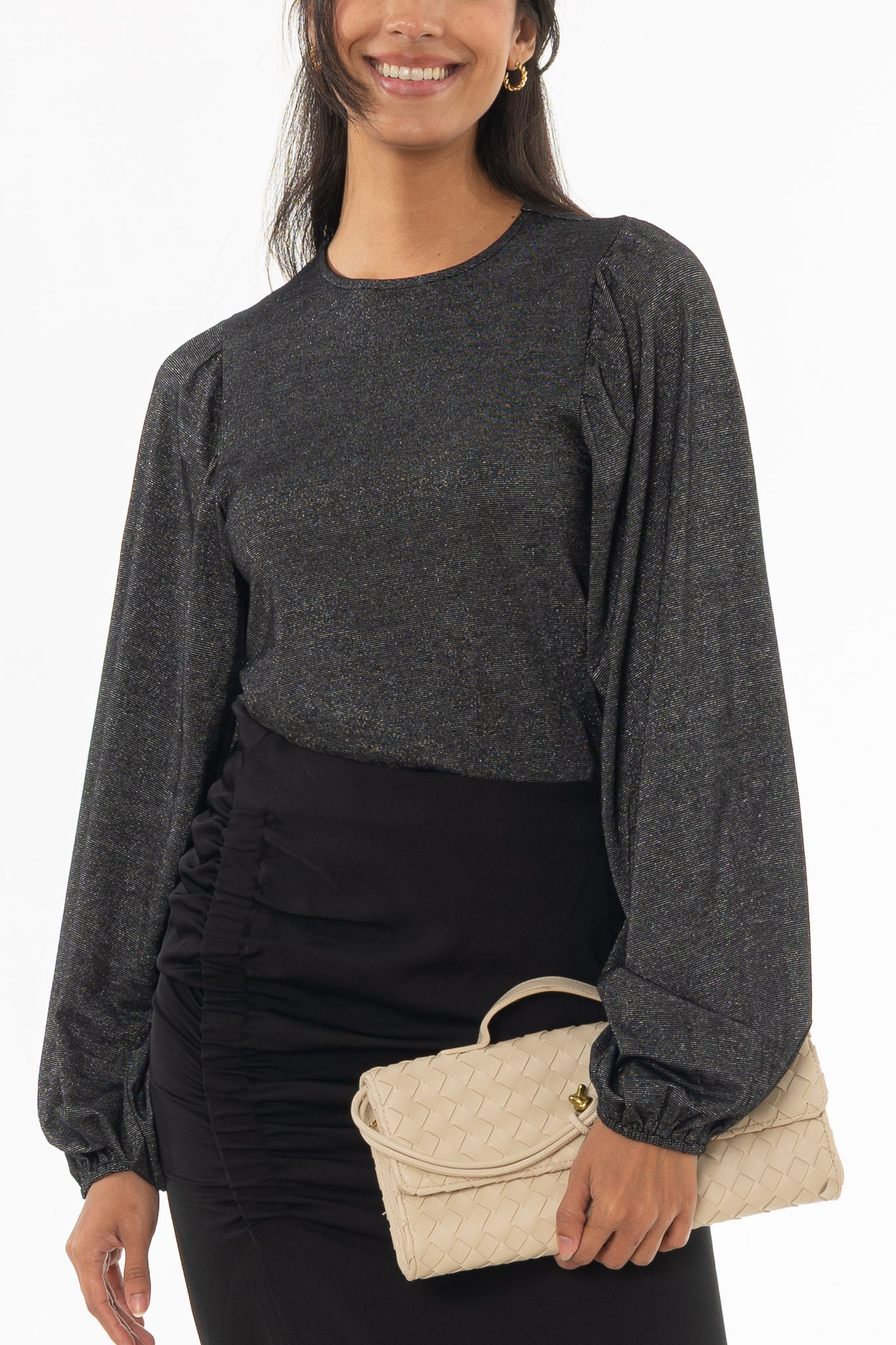 Black Sparkle Puff Sleeve Top - Image 2