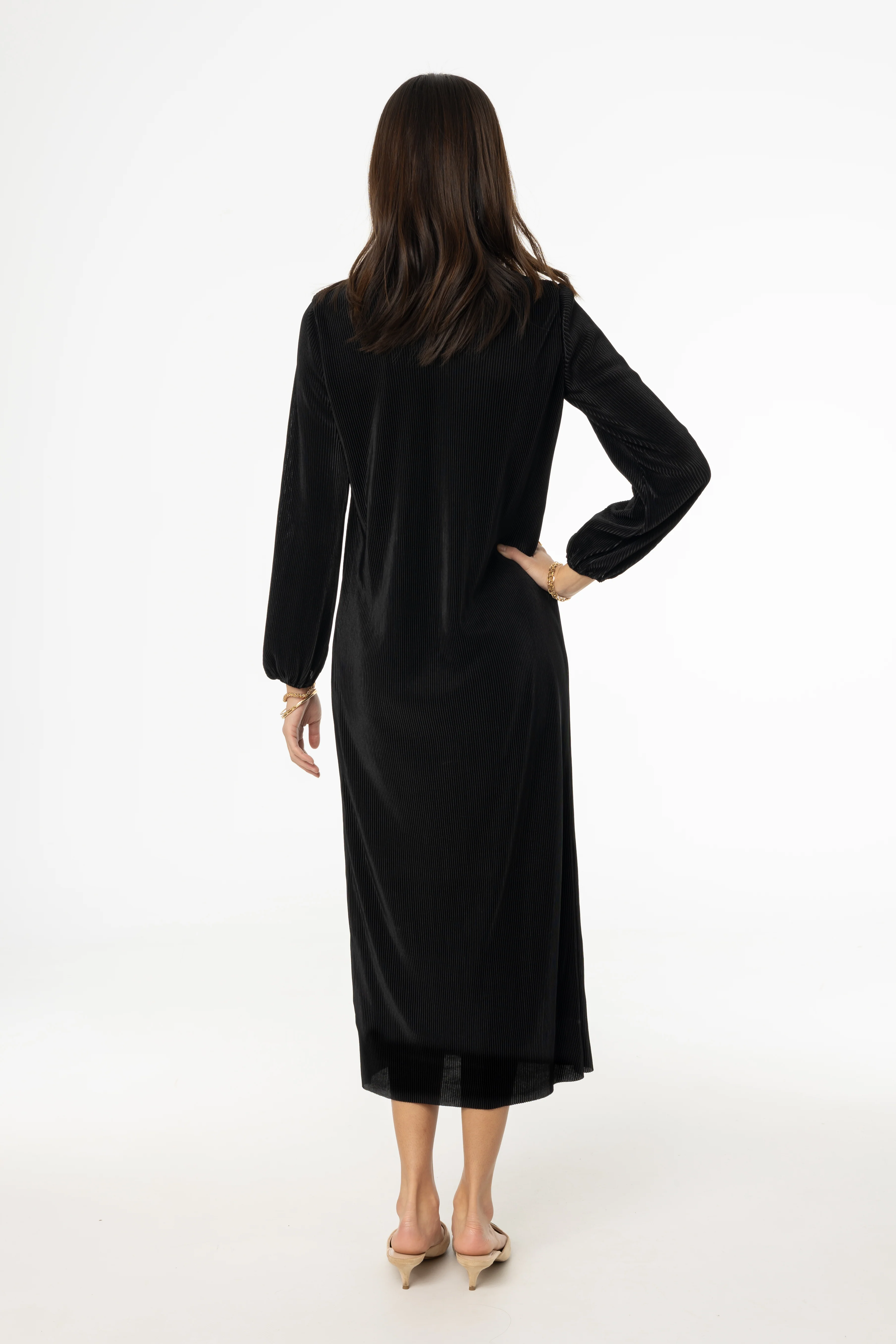 Black Square Neck Accordion Pleat Maxi Dress - Image 3