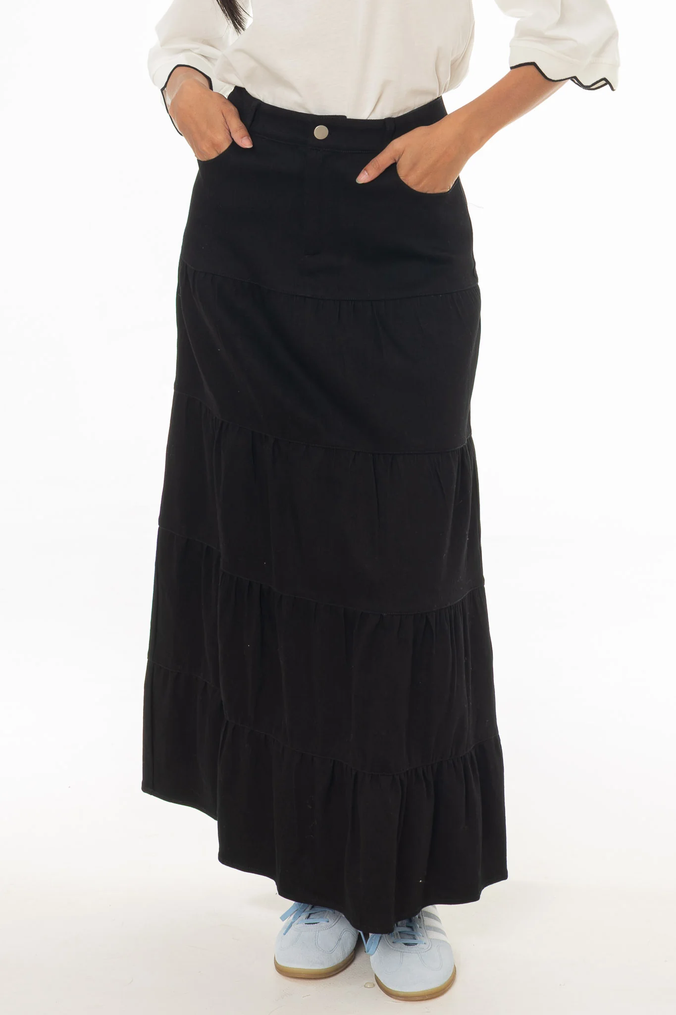 Black Tiered Denim Maxi Skirt - Image 2