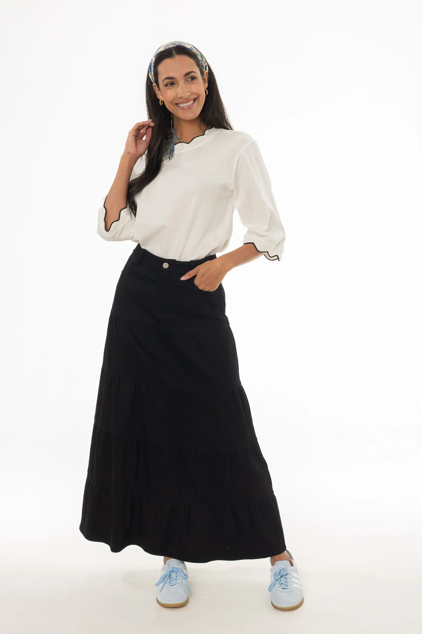 Black Tiered Denim Maxi Skirt - Image 3
