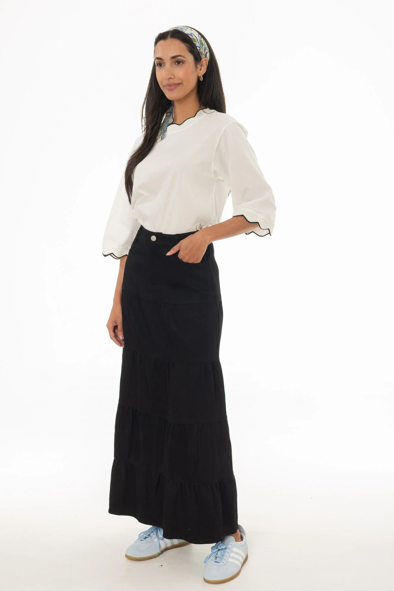 Black Tiered Denim Maxi Skirt - Image 4