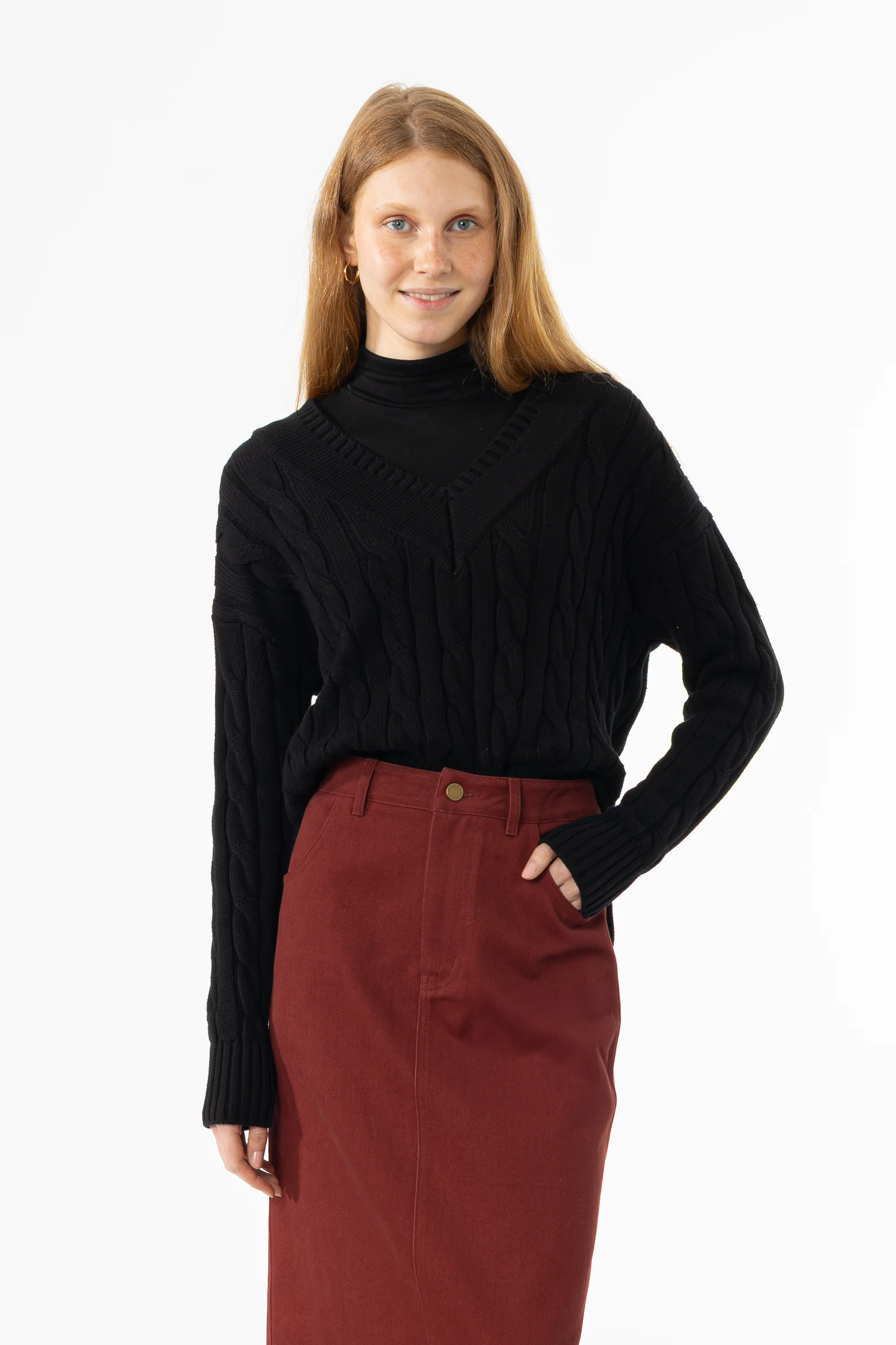 Black V-Neck Cable Knit Sweater - Image 4