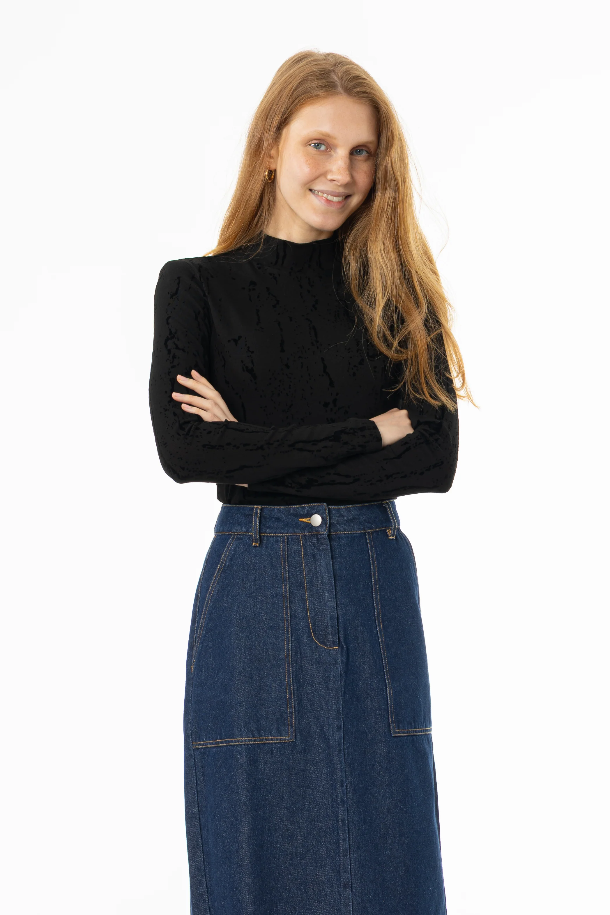 Black Velvet Detail Mock Neck Top - Image 2