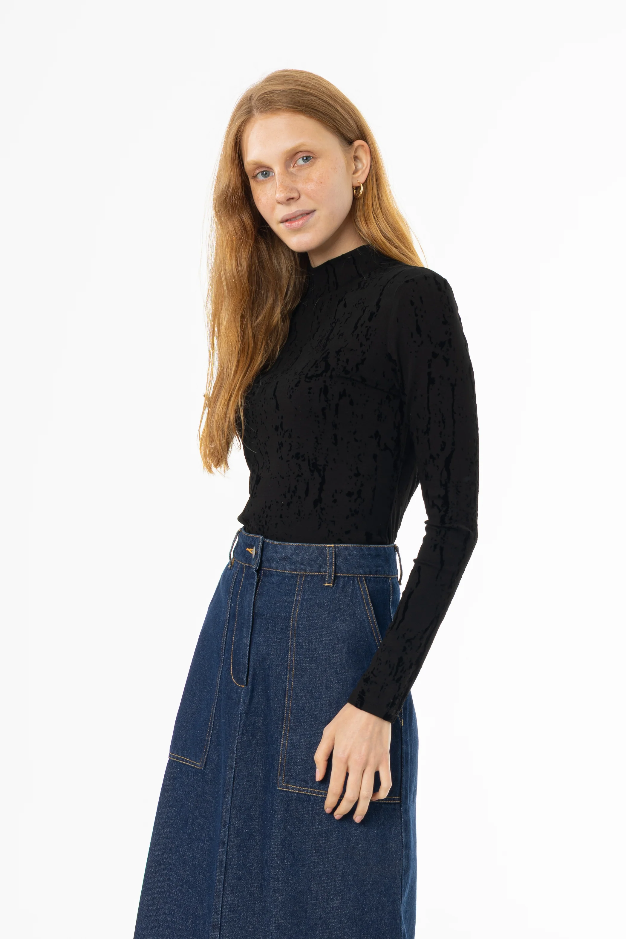 Black Velvet Detail Mock Neck Top - Image 3