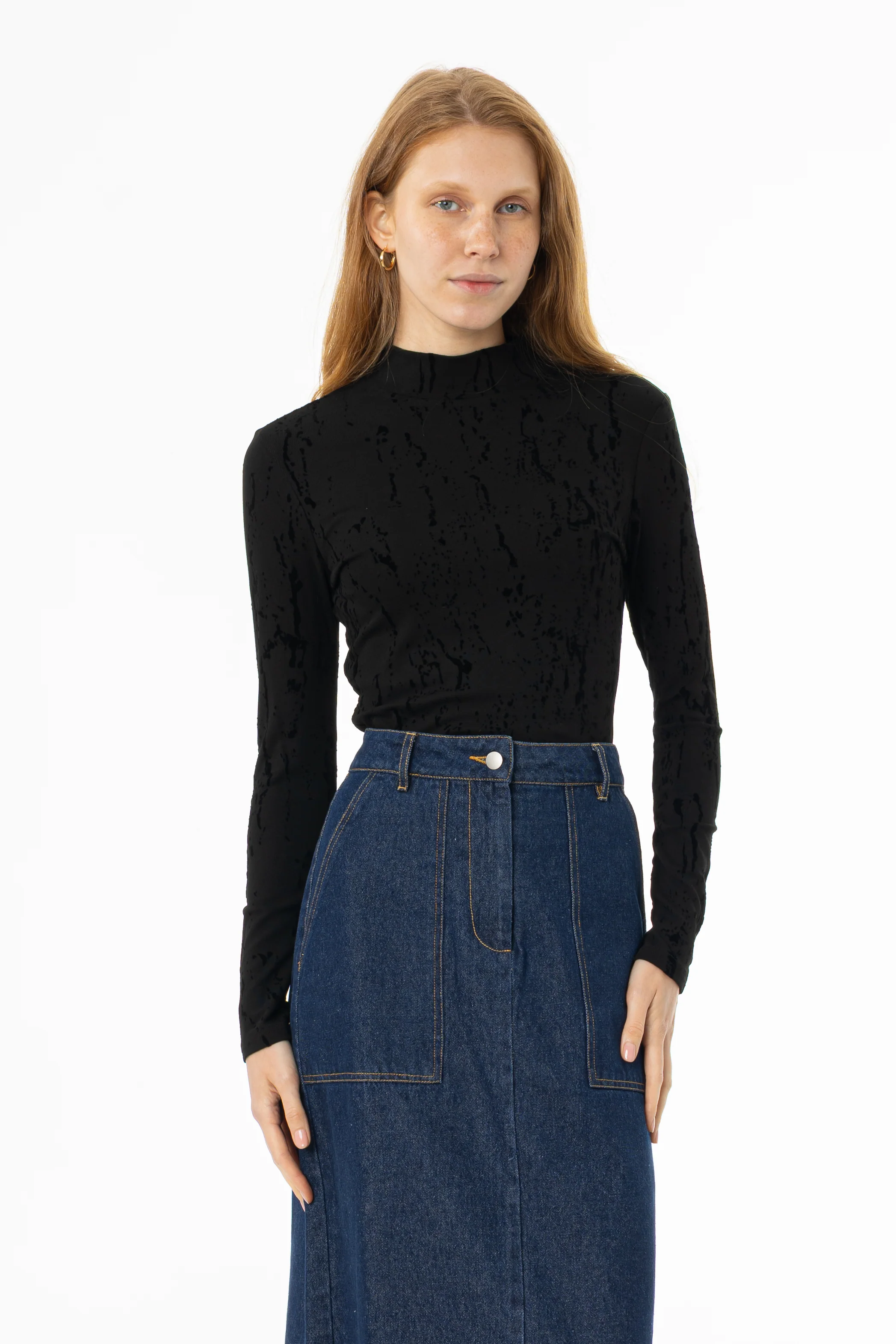 Black Velvet Detail Mock Neck Top - Image 5