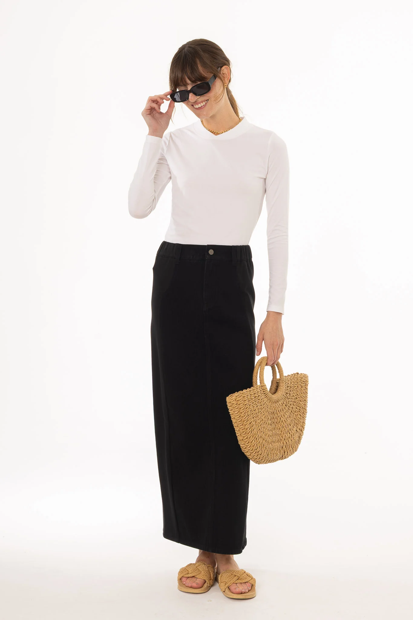 Black Wash Denim Combo Maxi Skirt