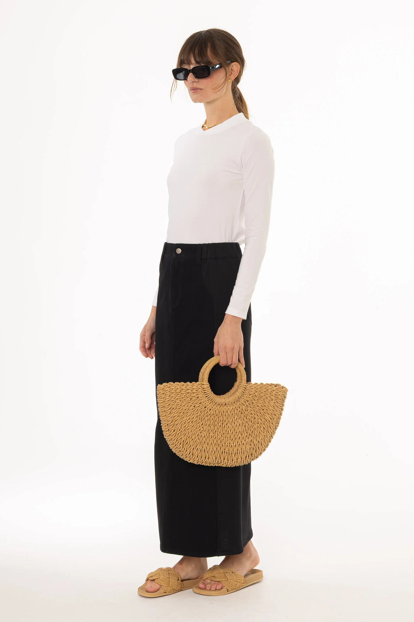 Black Wash Denim Combo Maxi Skirt - Image 2
