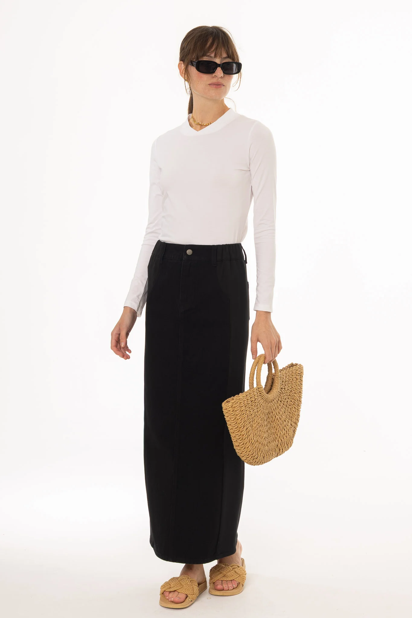 Black Wash Denim Combo Maxi Skirt - Image 3