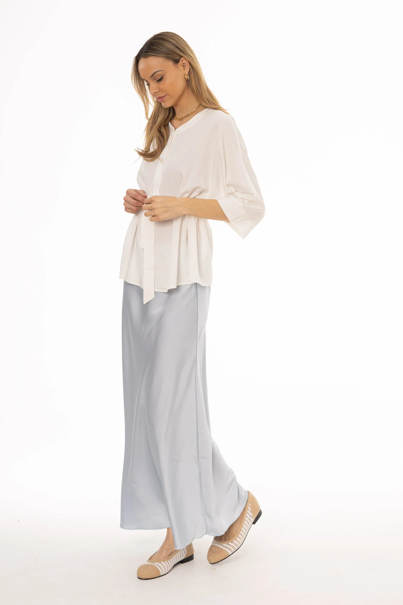 Blue A-Line Satin Effect Maxi Skirt - Image 2