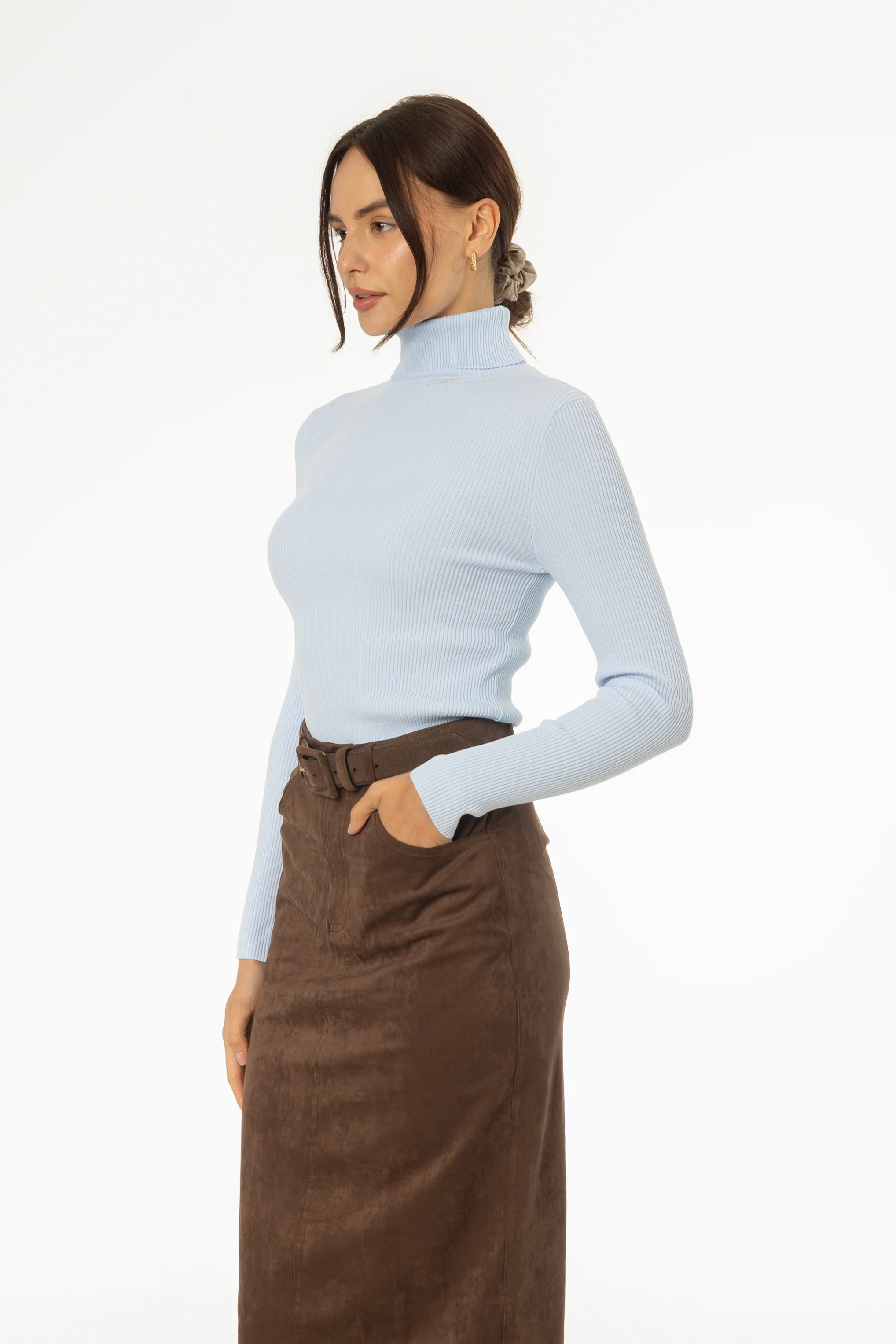 Blue Basic Ribbed Knit Turtleneck - Image 2
