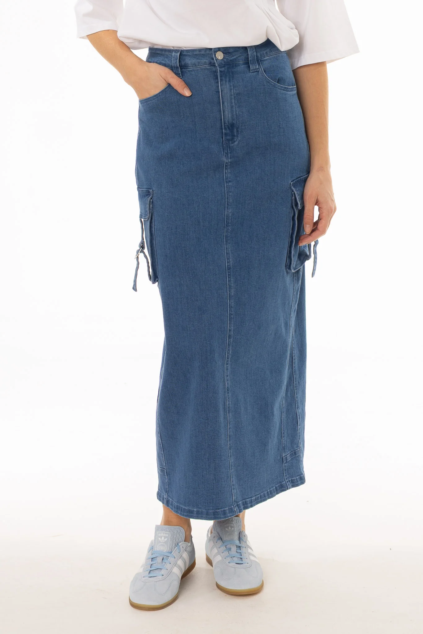 Blue Cargo Denim Maxi Skirt - Image 2