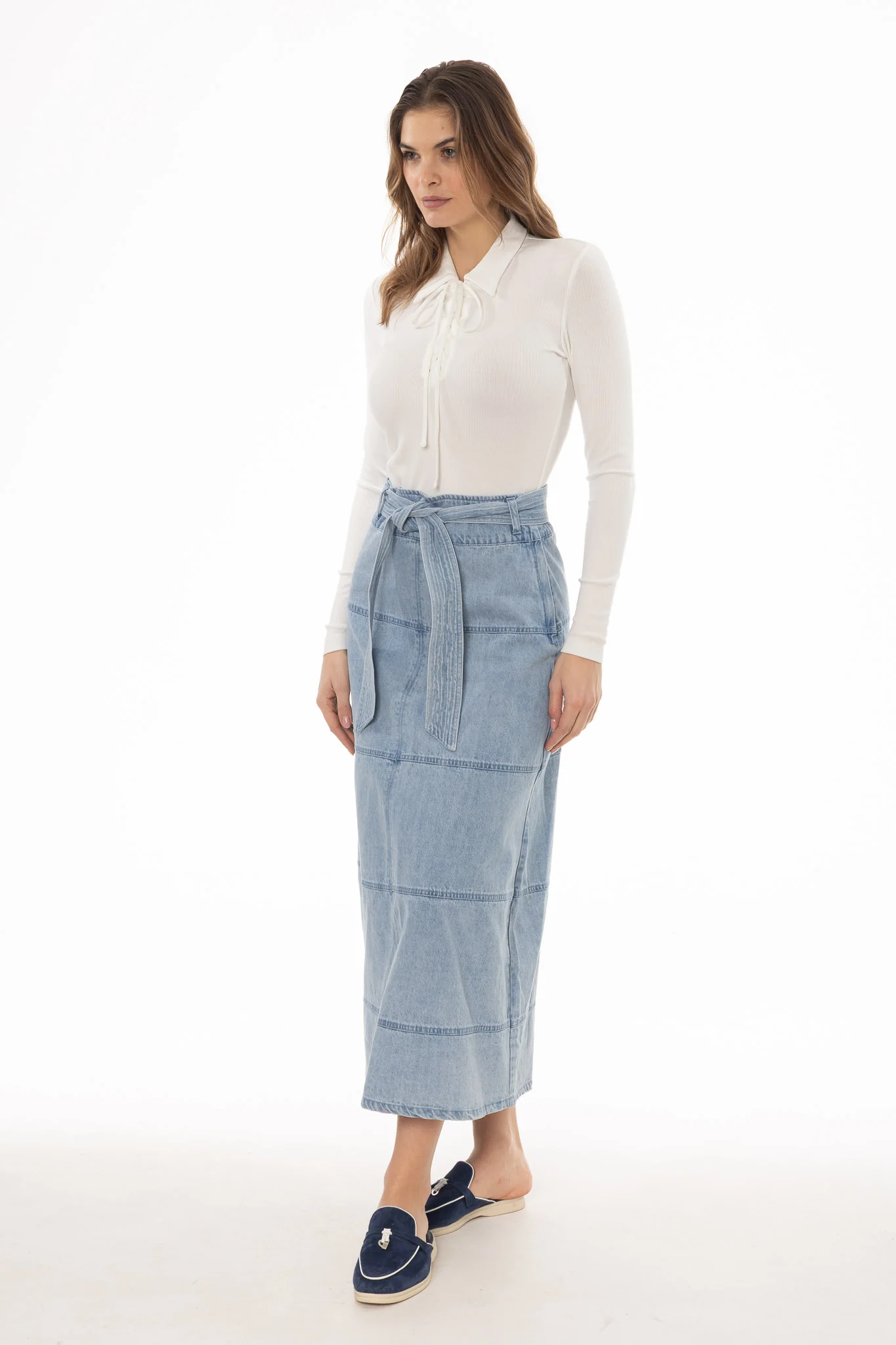 Blue Denim Belted A-Line Maxi Skirt - Image 3