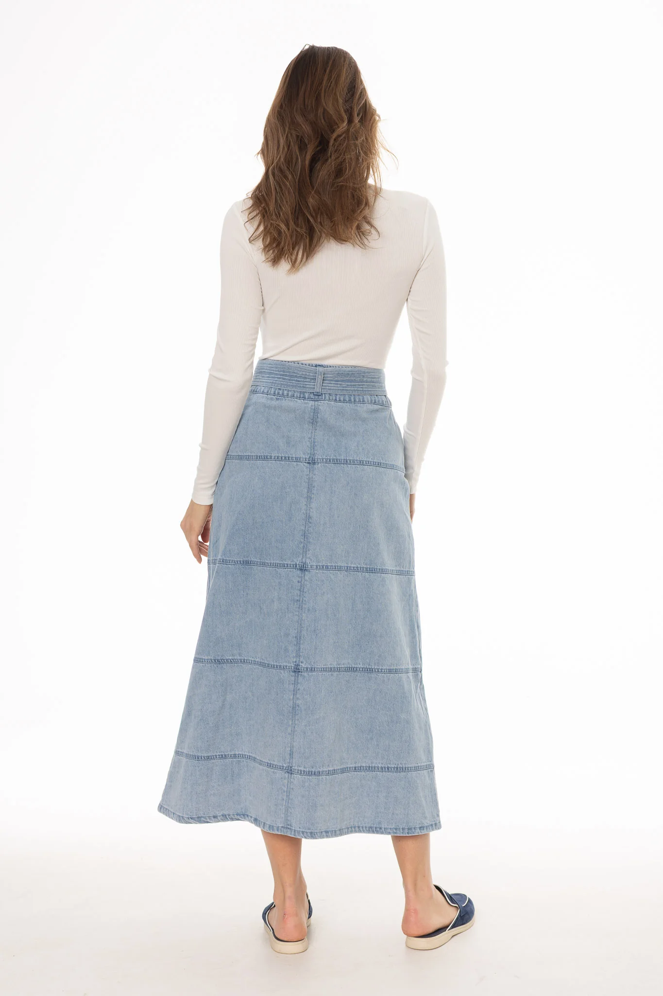 Blue Denim Belted A-Line Maxi Skirt - Image 4