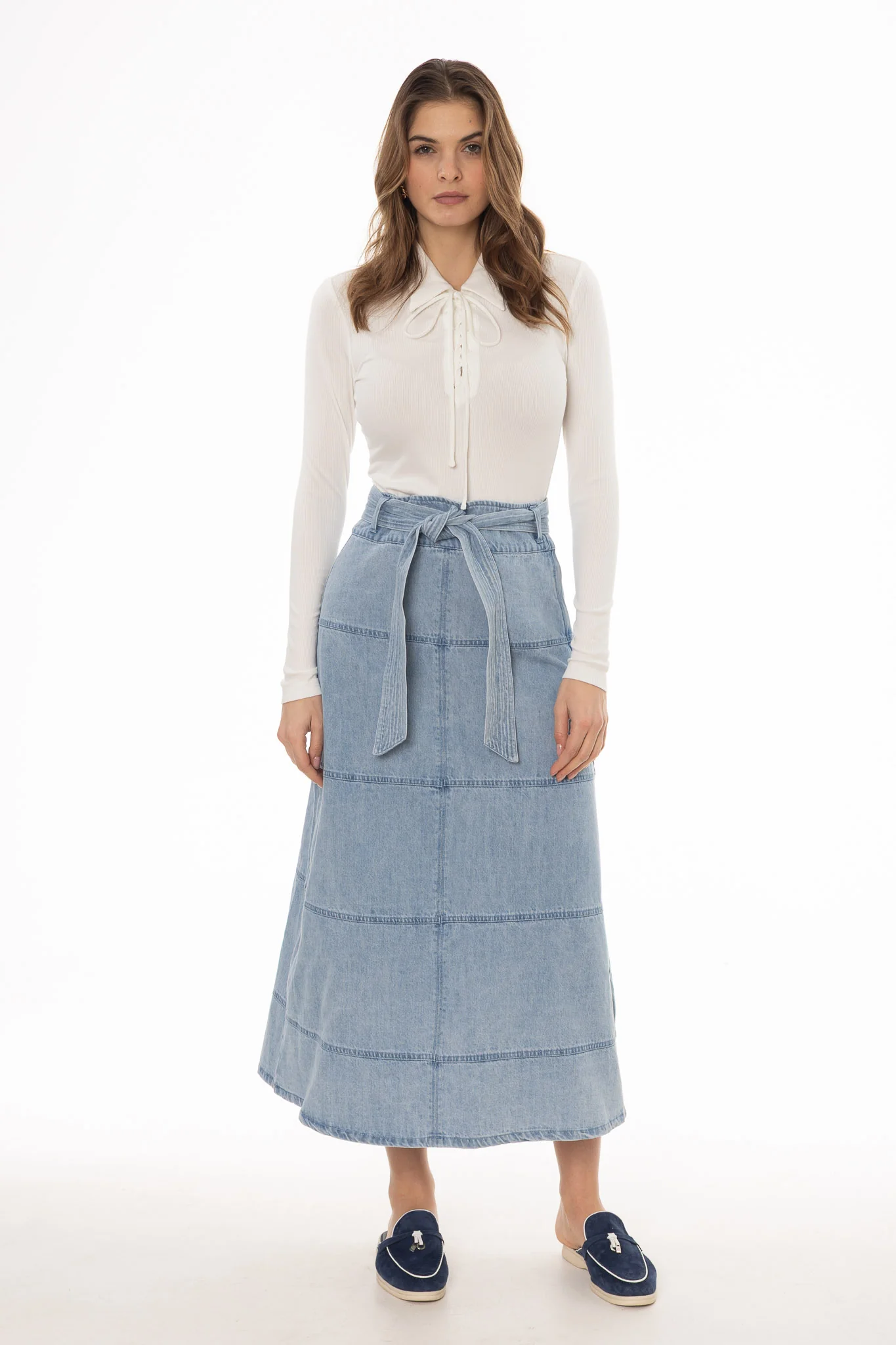 Blue Denim Belted A-Line Maxi Skirt - Image 5