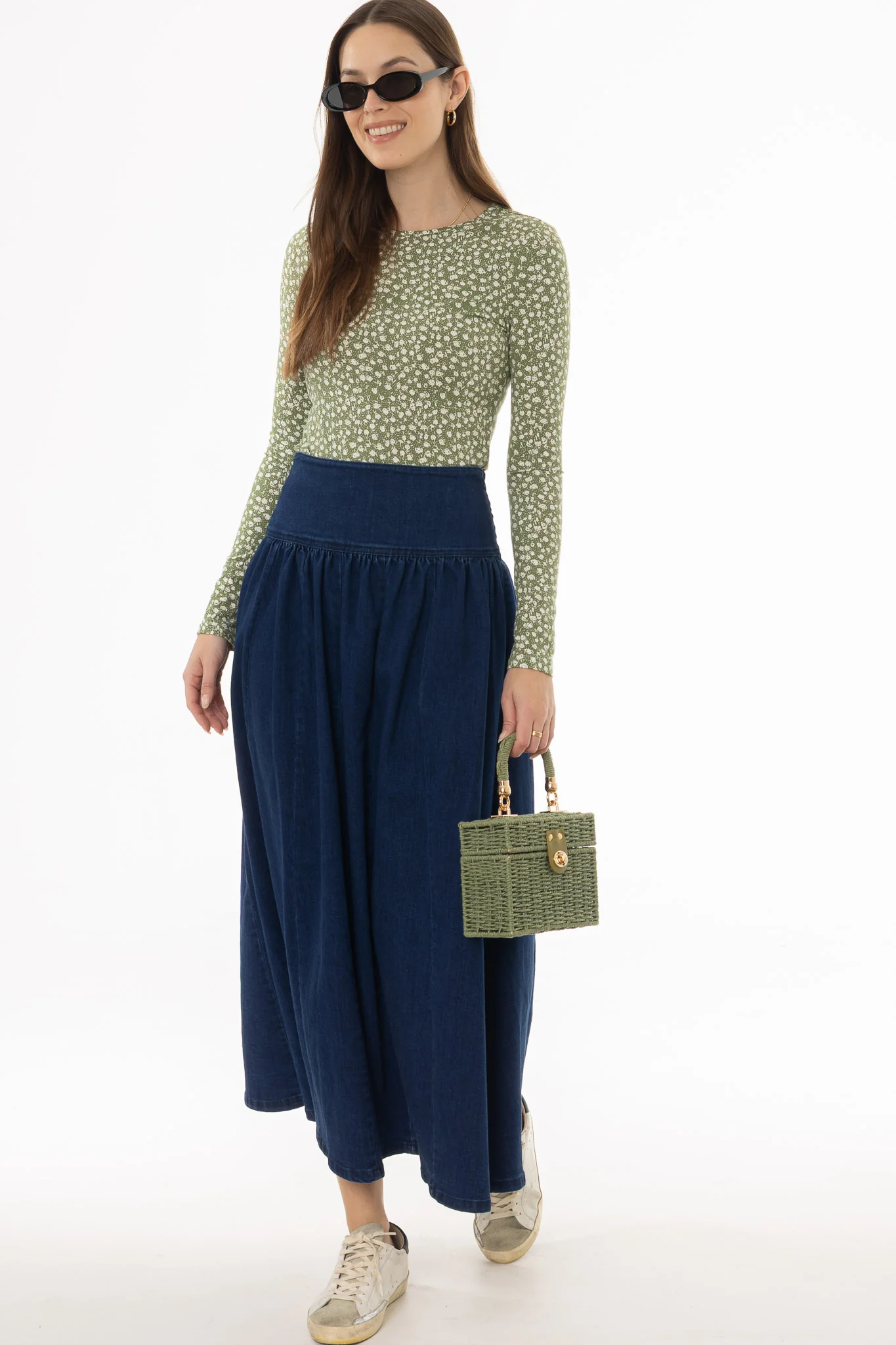 Blue Denim Gathered Maxi Skirt