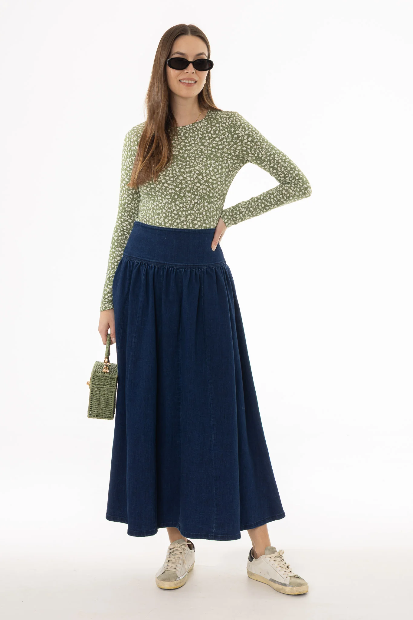 Blue Denim Gathered Maxi Skirt - Image 5