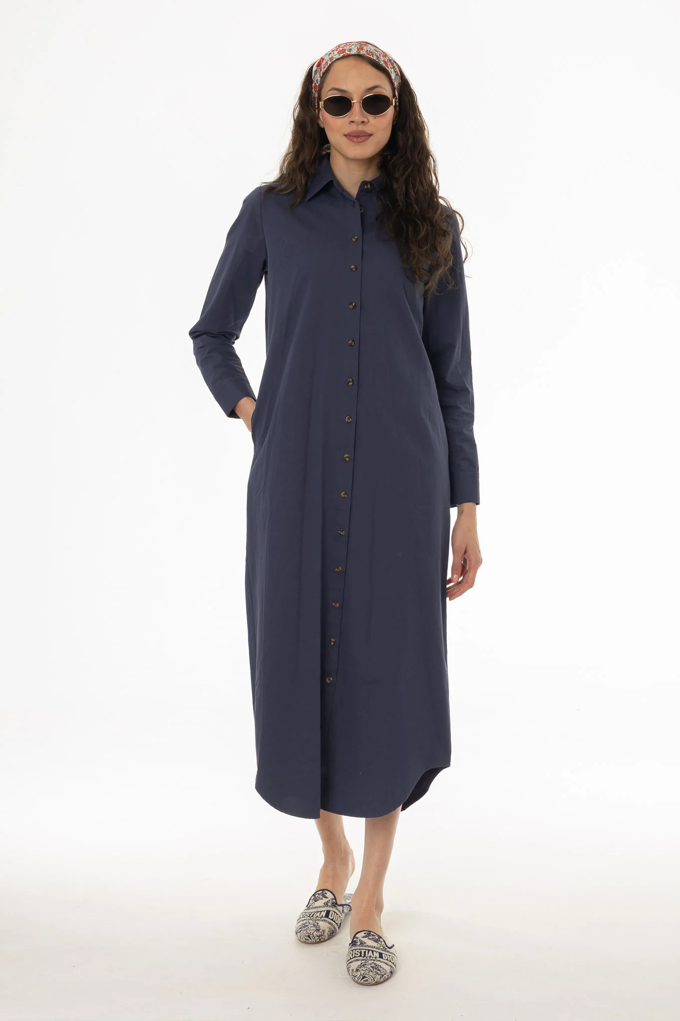 Blue Double Button Maxi Shirt Dress