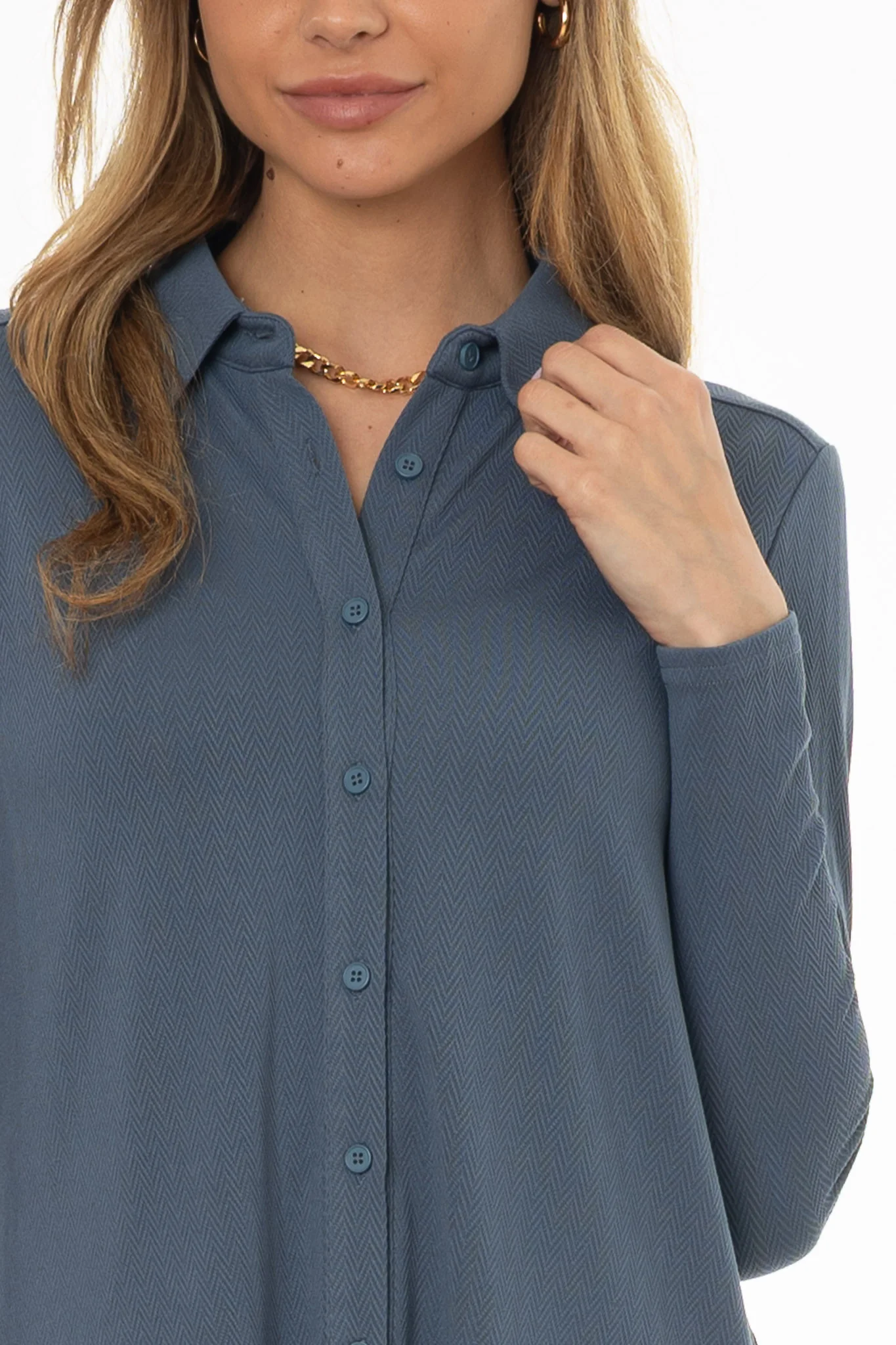 Blue Herringbone Textured Shirt - Image 2