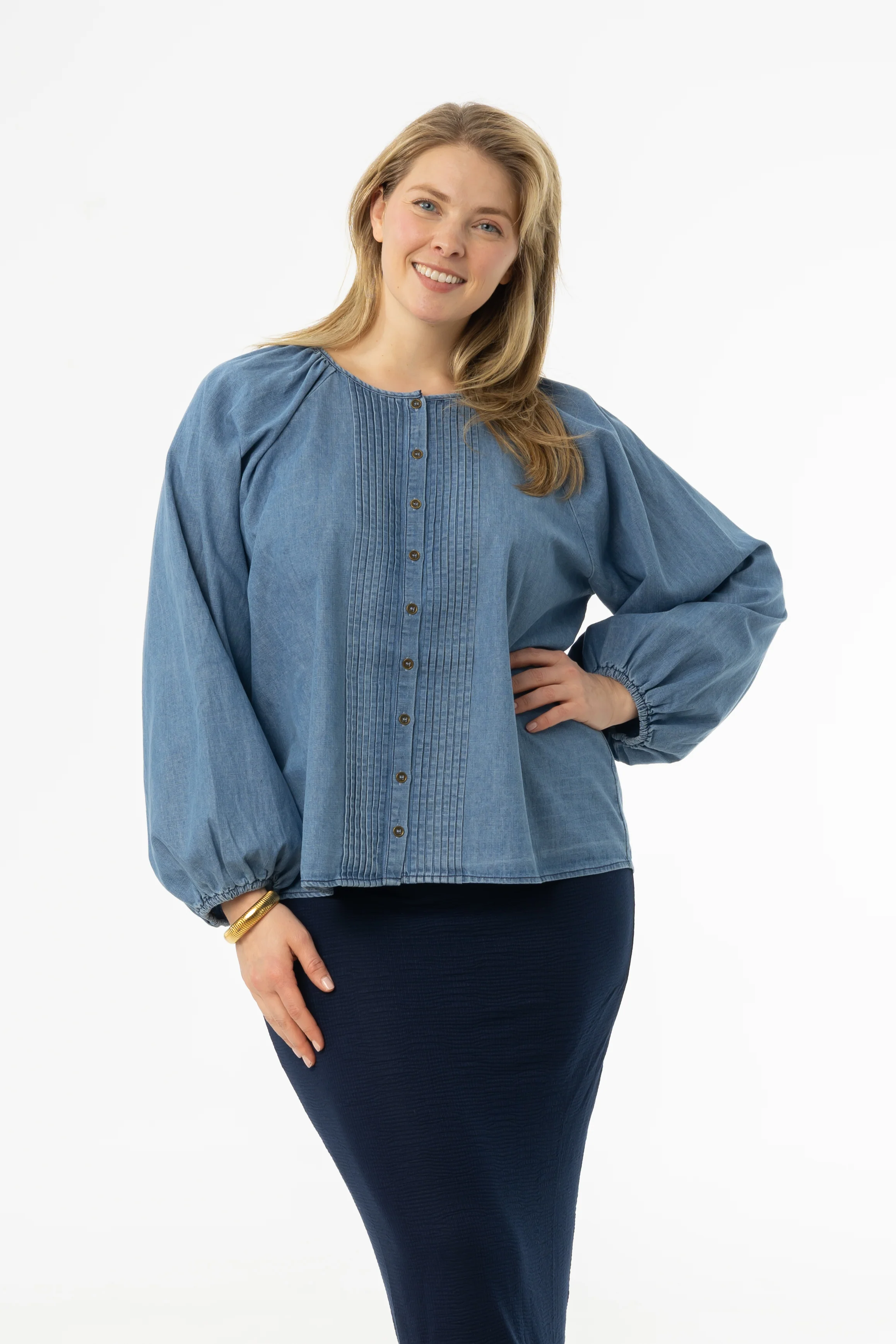 Blue Pintuck Denim Blouse - Image 4