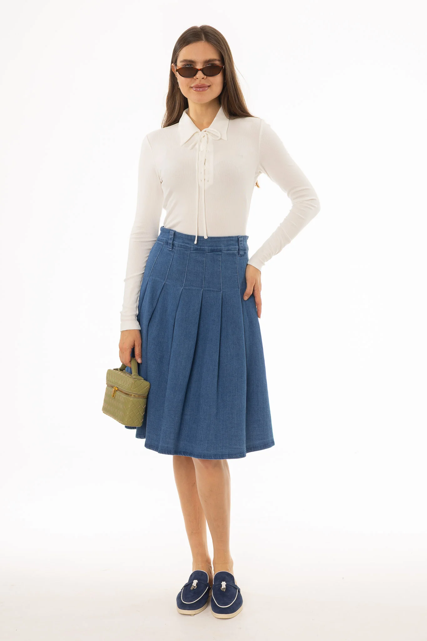 Blue Pleated Denim Skirt - Image 5