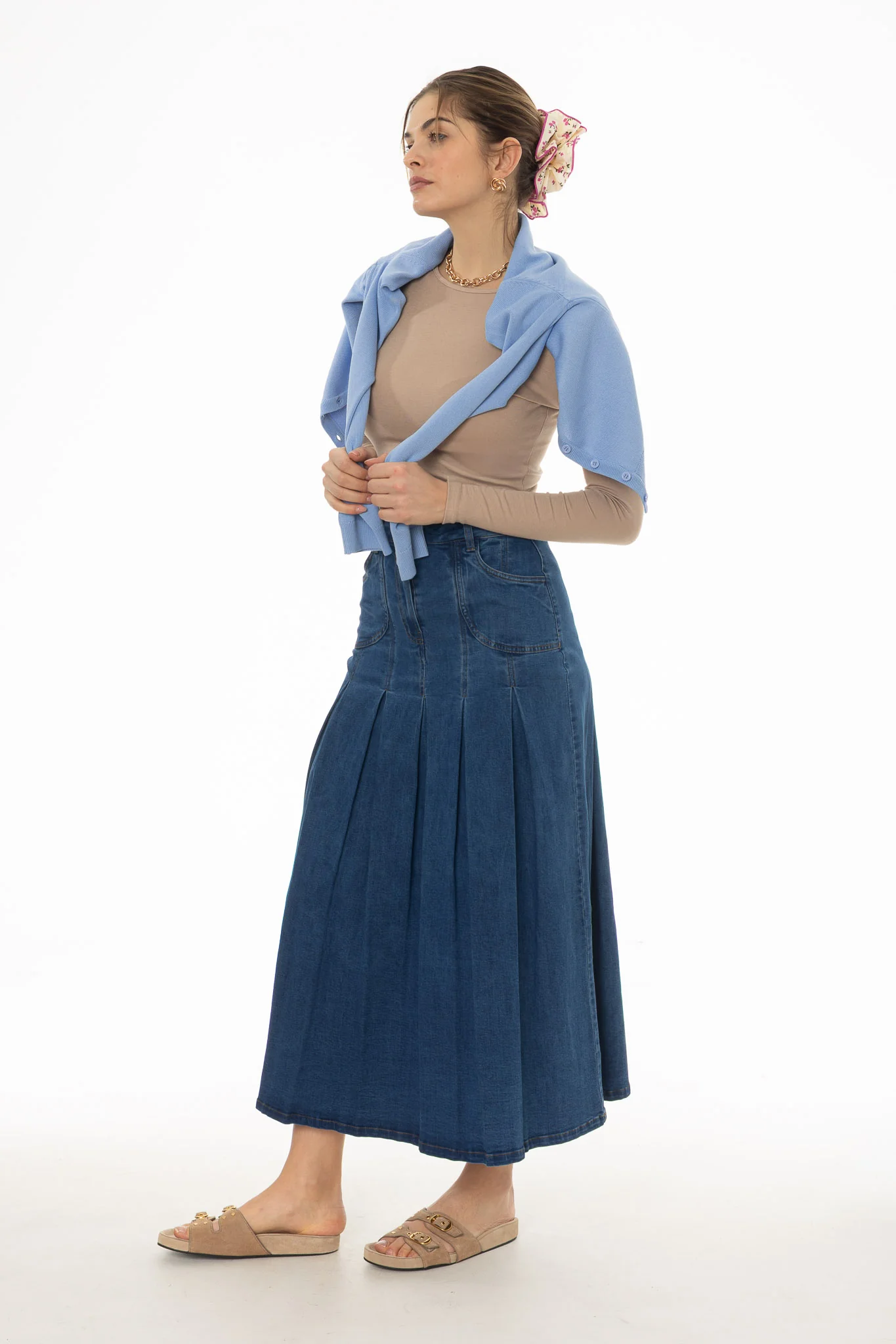 Blue Pocket Pleated Denim Skirt - Image 3