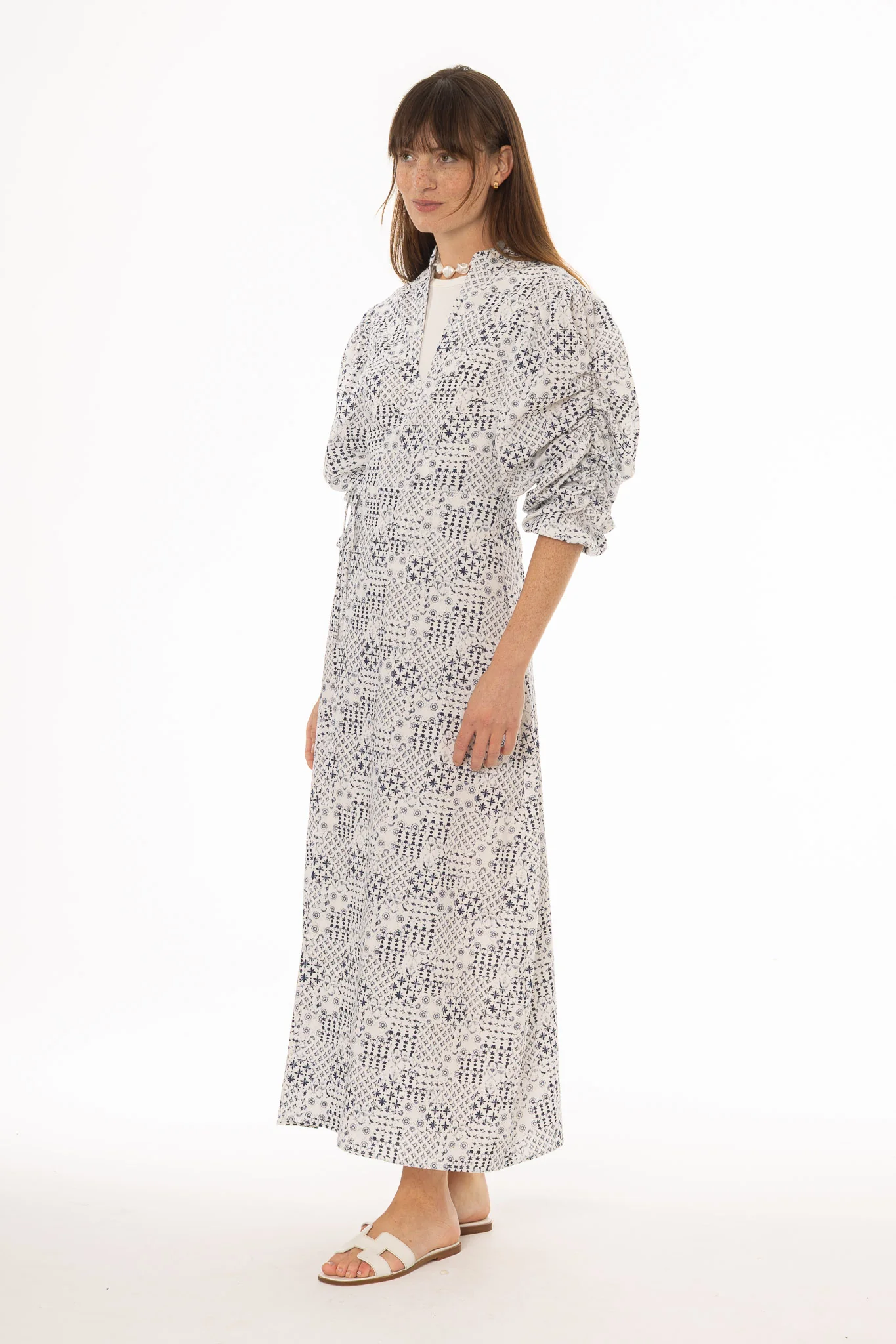 Blue Printed Wrap Linen Dress - Image 3