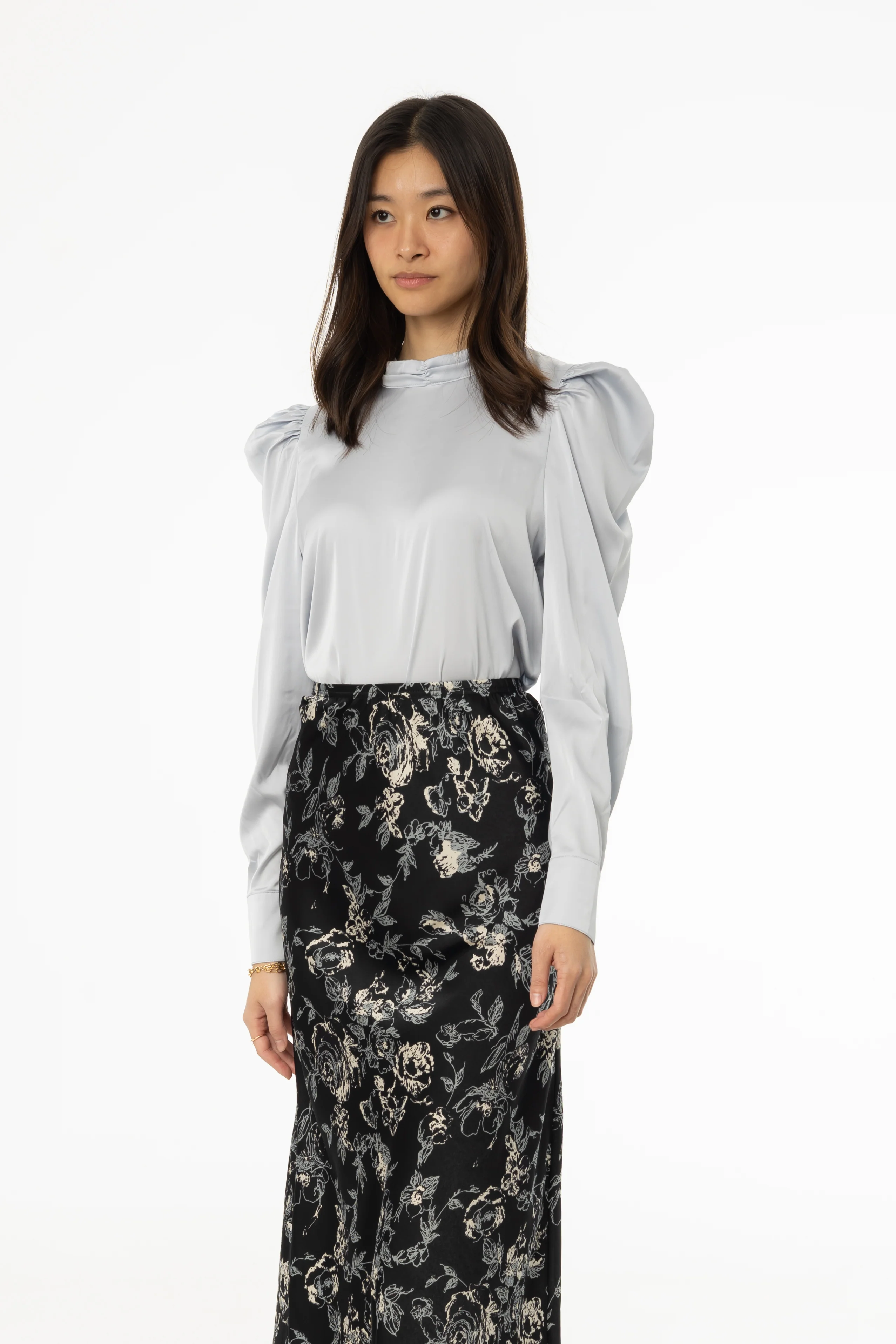 Blue Puff Sleeve Silky Blouse - Image 2