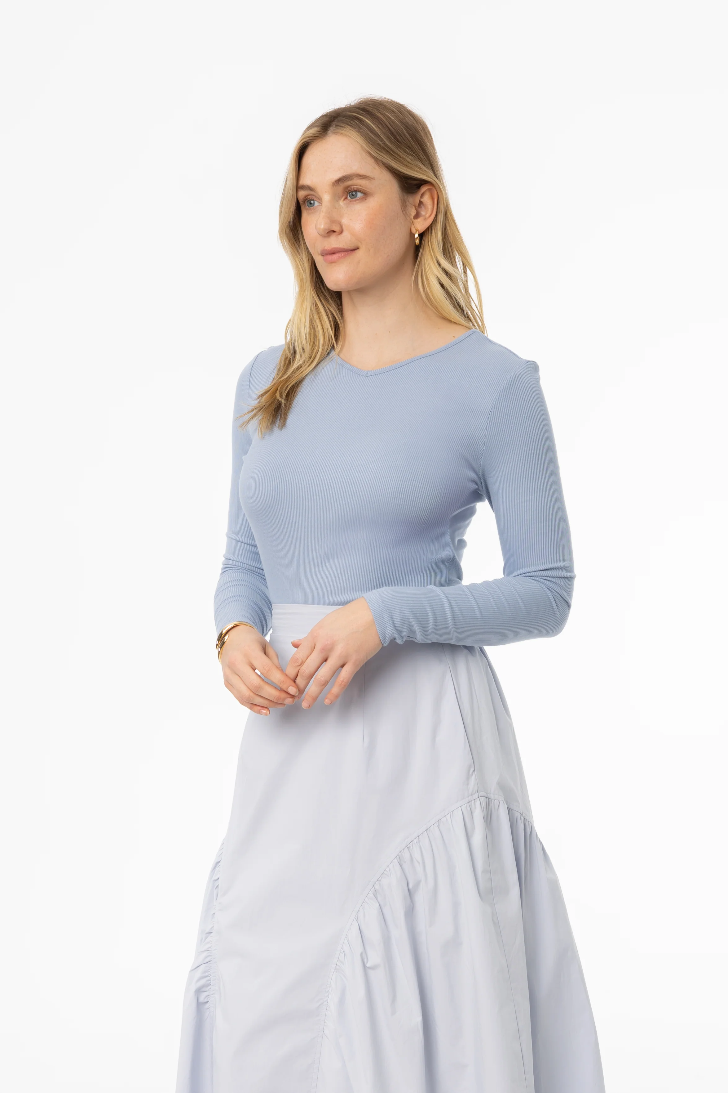 Blue Ribbed V Neck Long Sleeve T-Shirt - Image 2