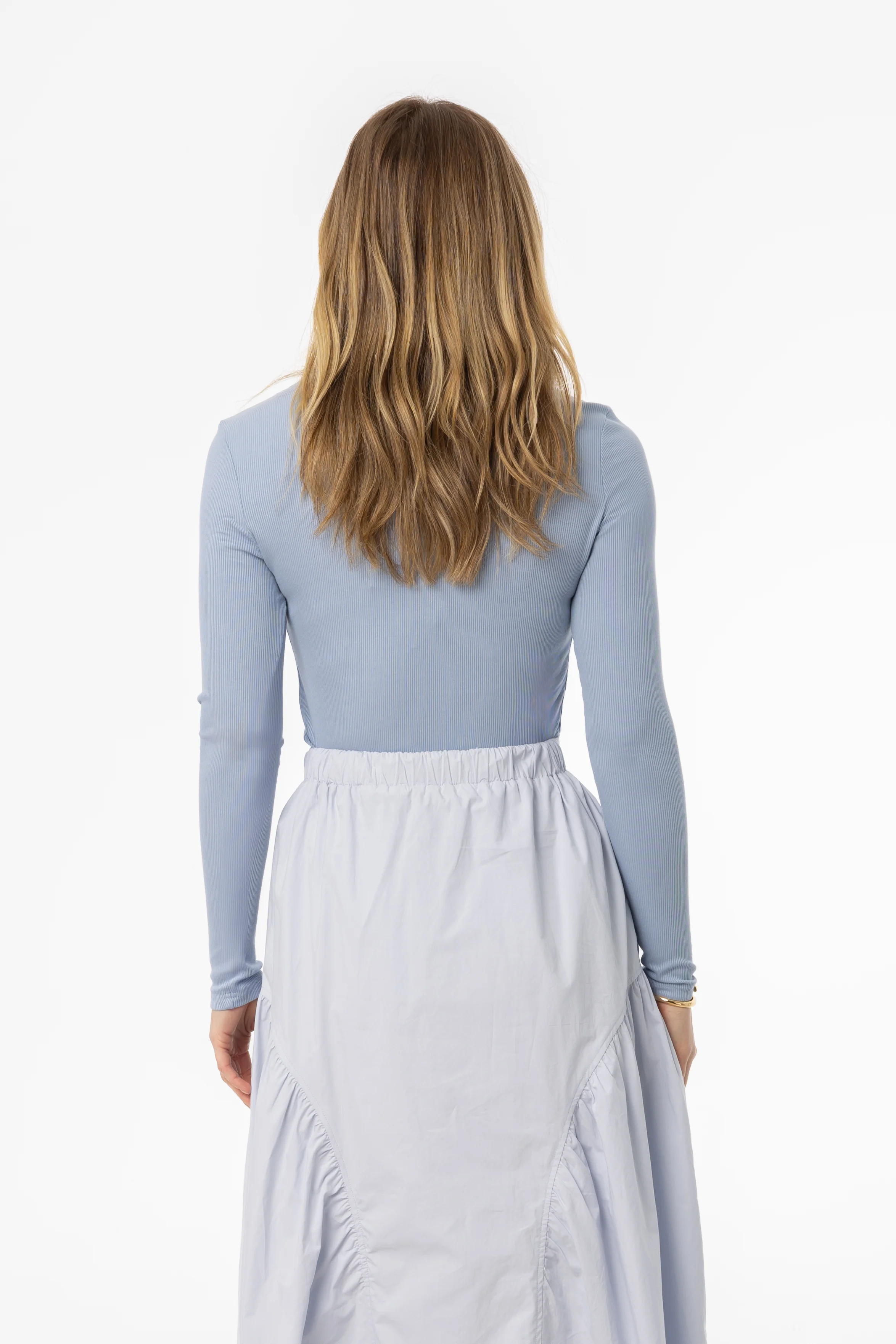 Blue Ribbed V Neck Long Sleeve T-Shirt - Image 3