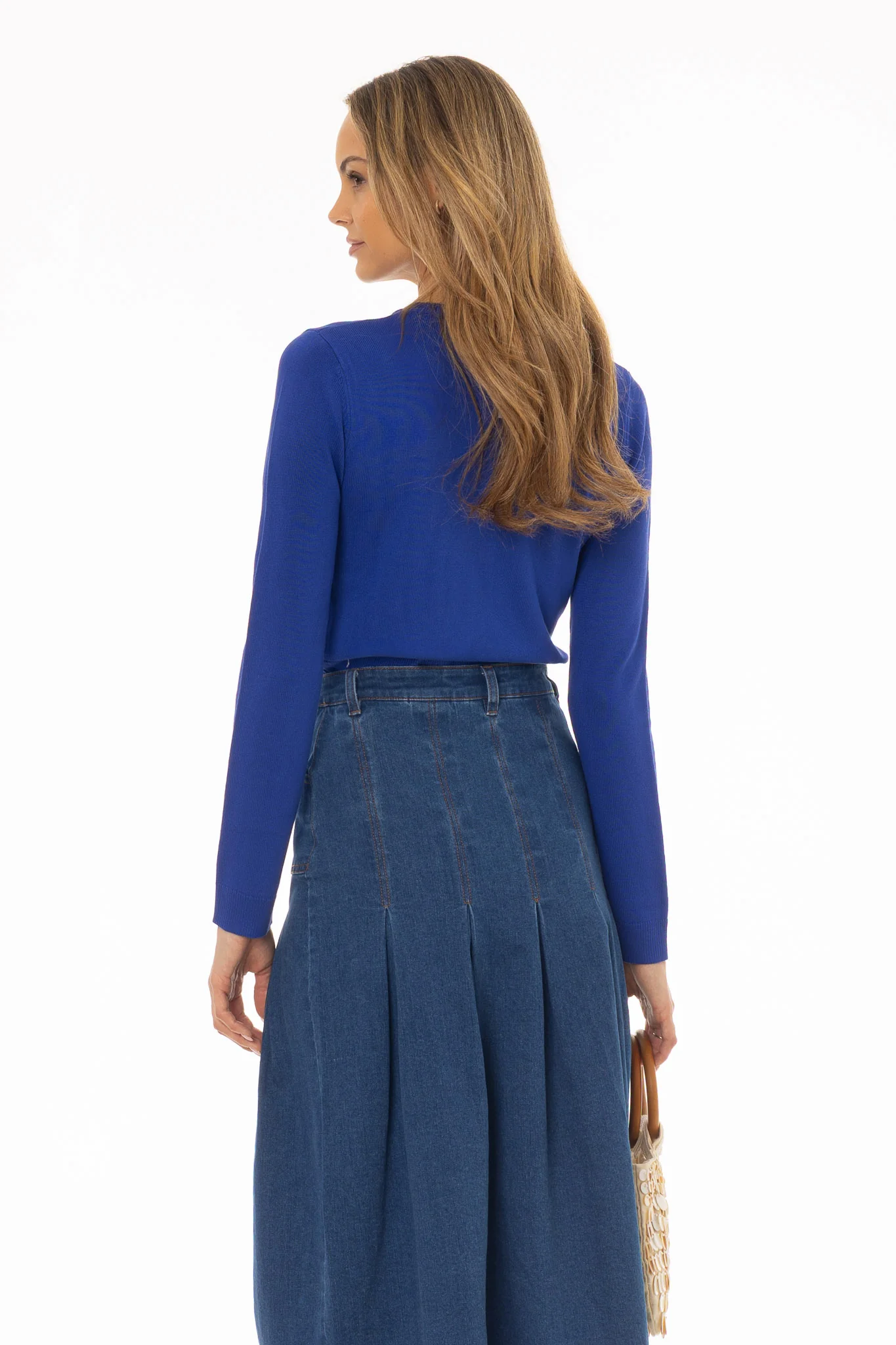 Cobalt Blue Round Neck Knit Cardigan - Image 3