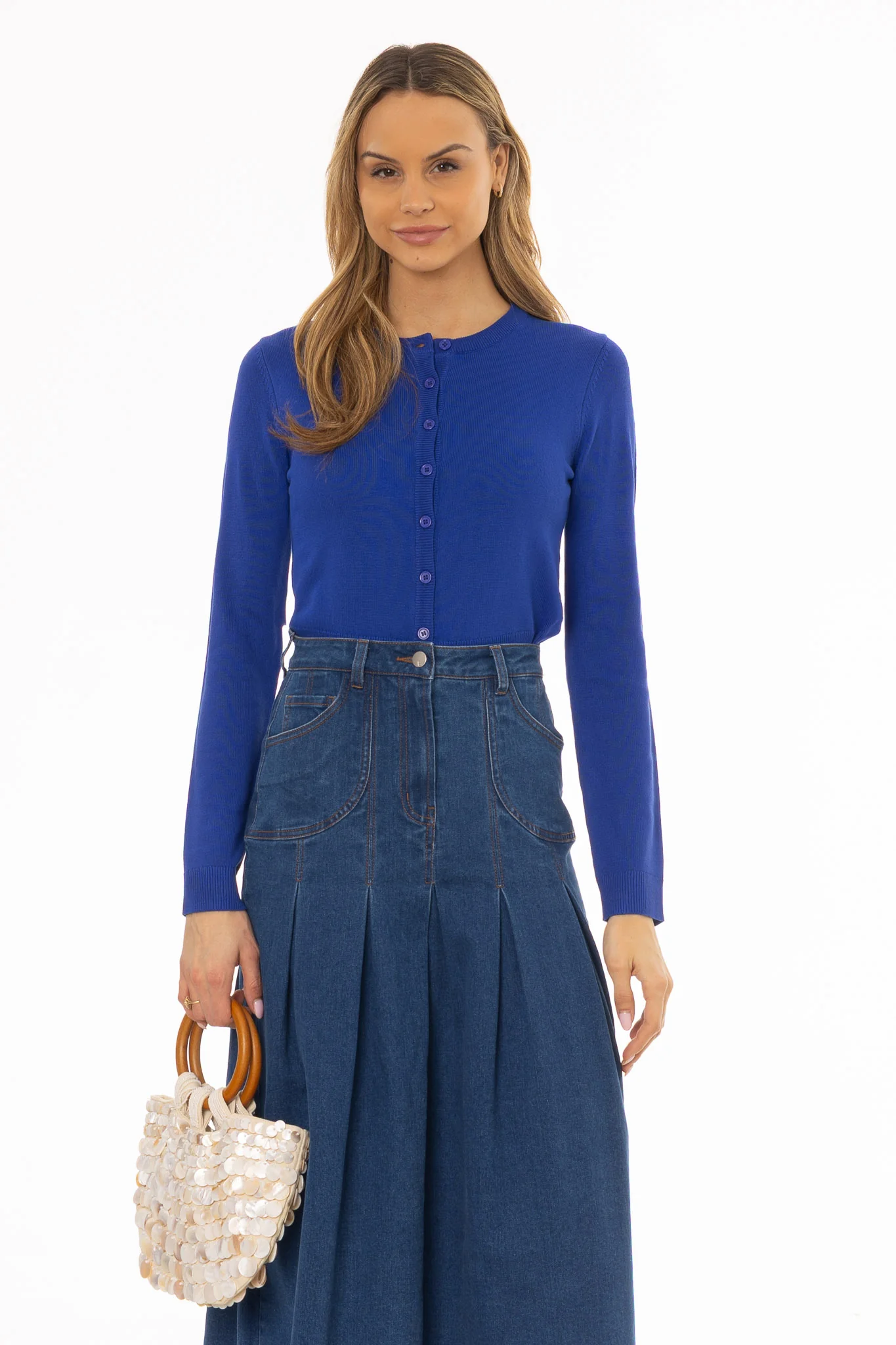 Cobalt Blue Round Neck Knit Cardigan - Image 4