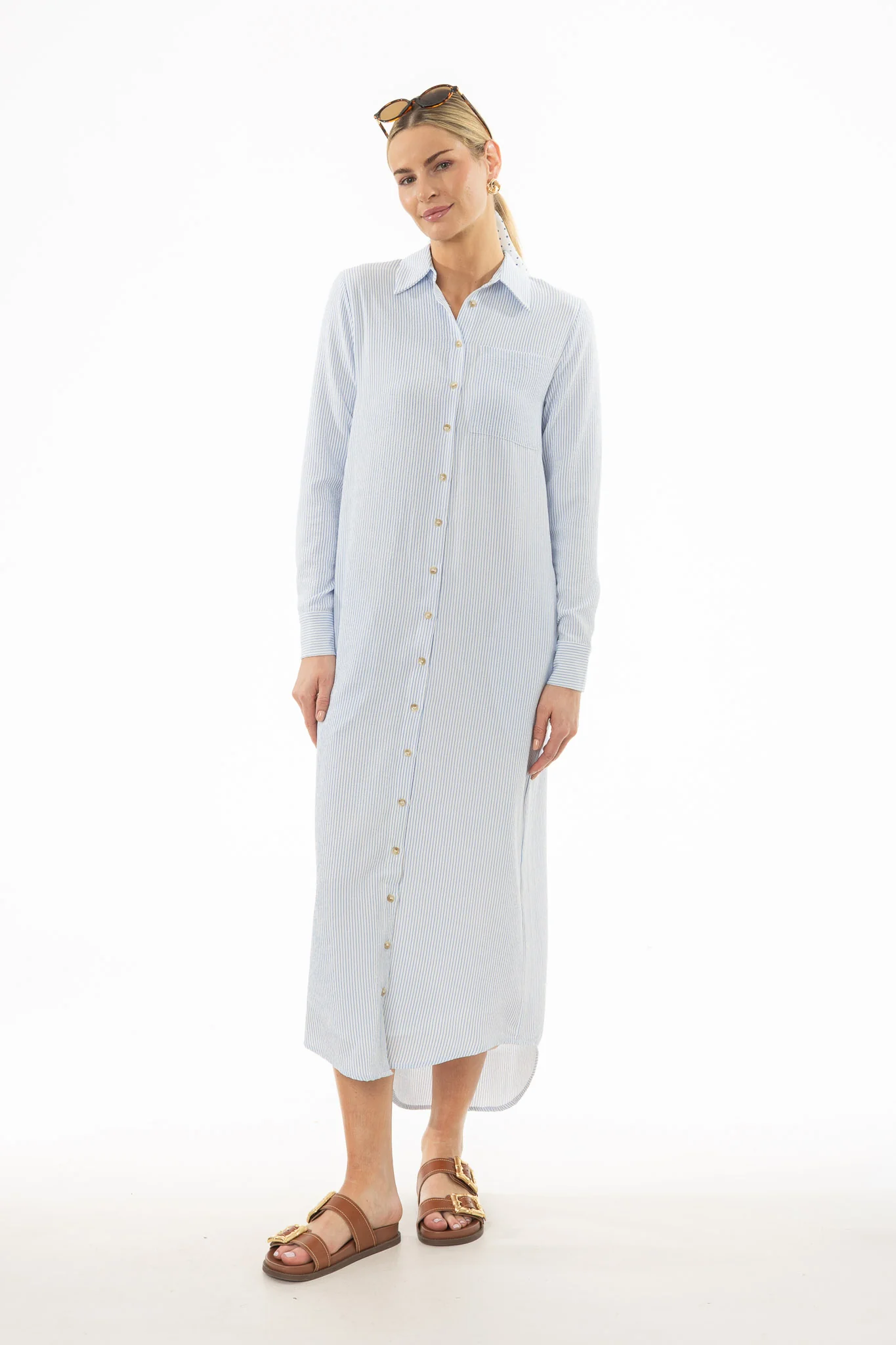 Blue Seersucker Striped Maxi Shirt Dress