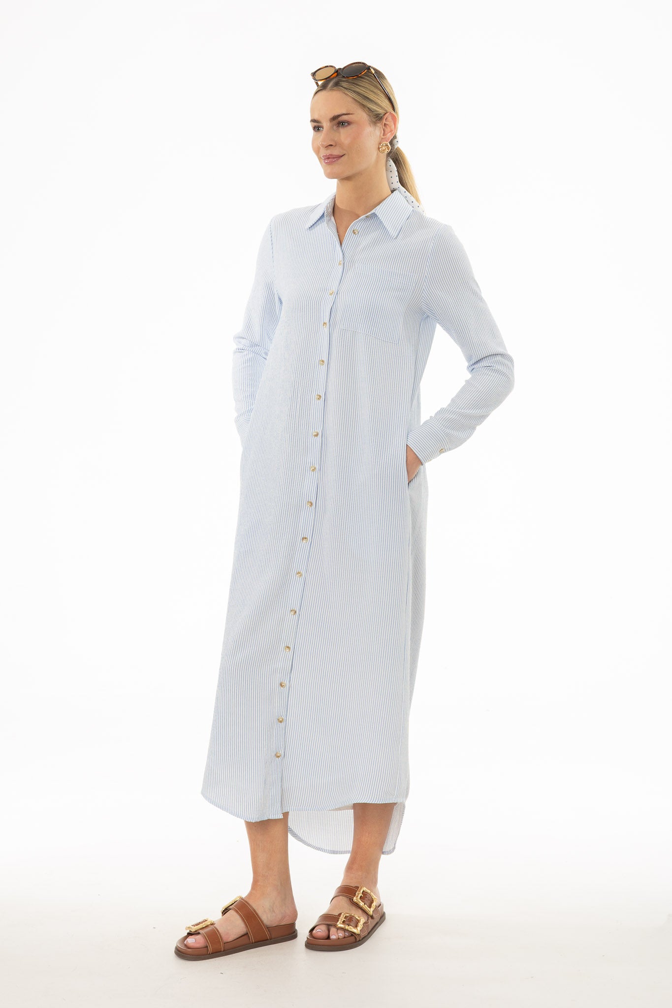 Blue Seersucker Striped Maxi Shirt Dress - Image 3