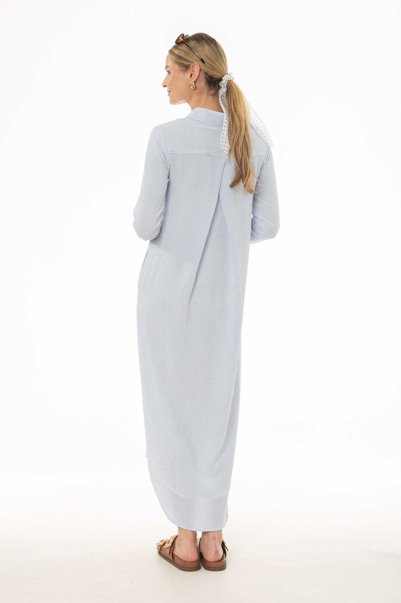 Blue Seersucker Striped Maxi Shirt Dress - Image 4