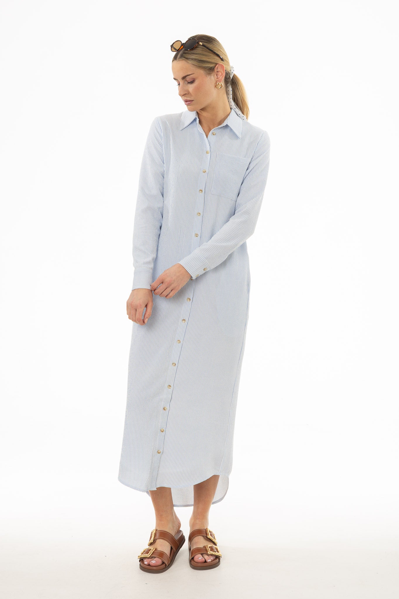 Blue Seersucker Striped Maxi Shirt Dress - Image 5