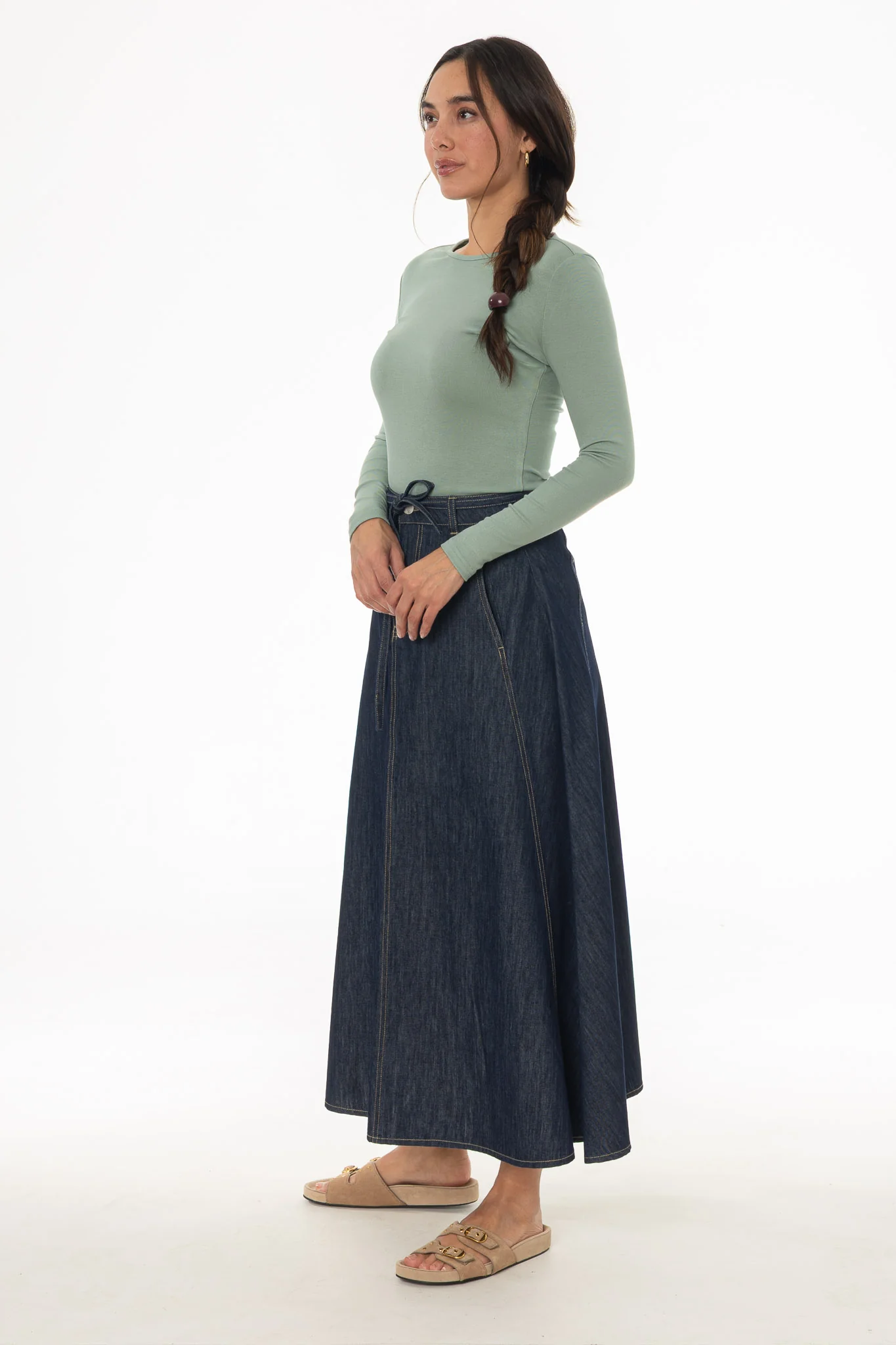 Blue Stitched Denim Flare Maxi Skirt - Image 3