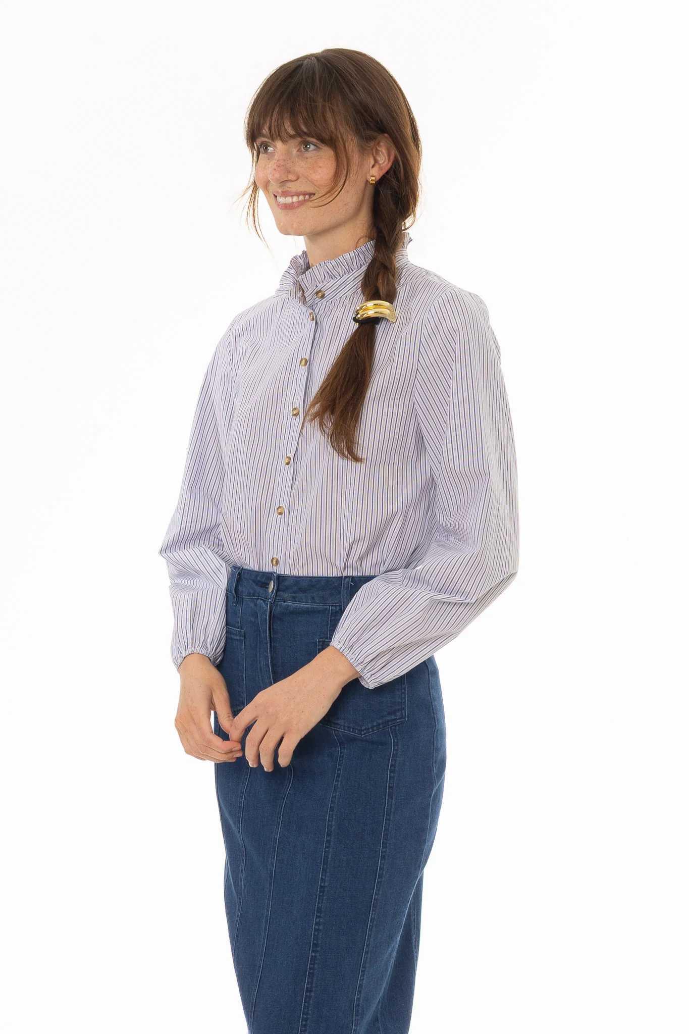 Blue Stripe Ruffle Collar Blouse - Image 3