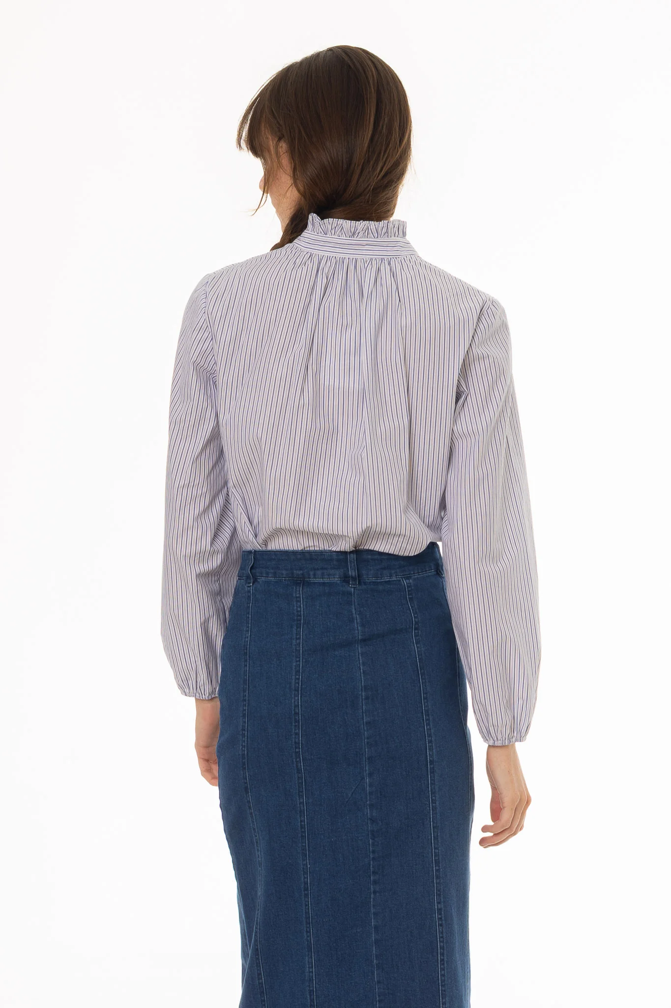 Blue Stripe Ruffle Collar Blouse - Image 4