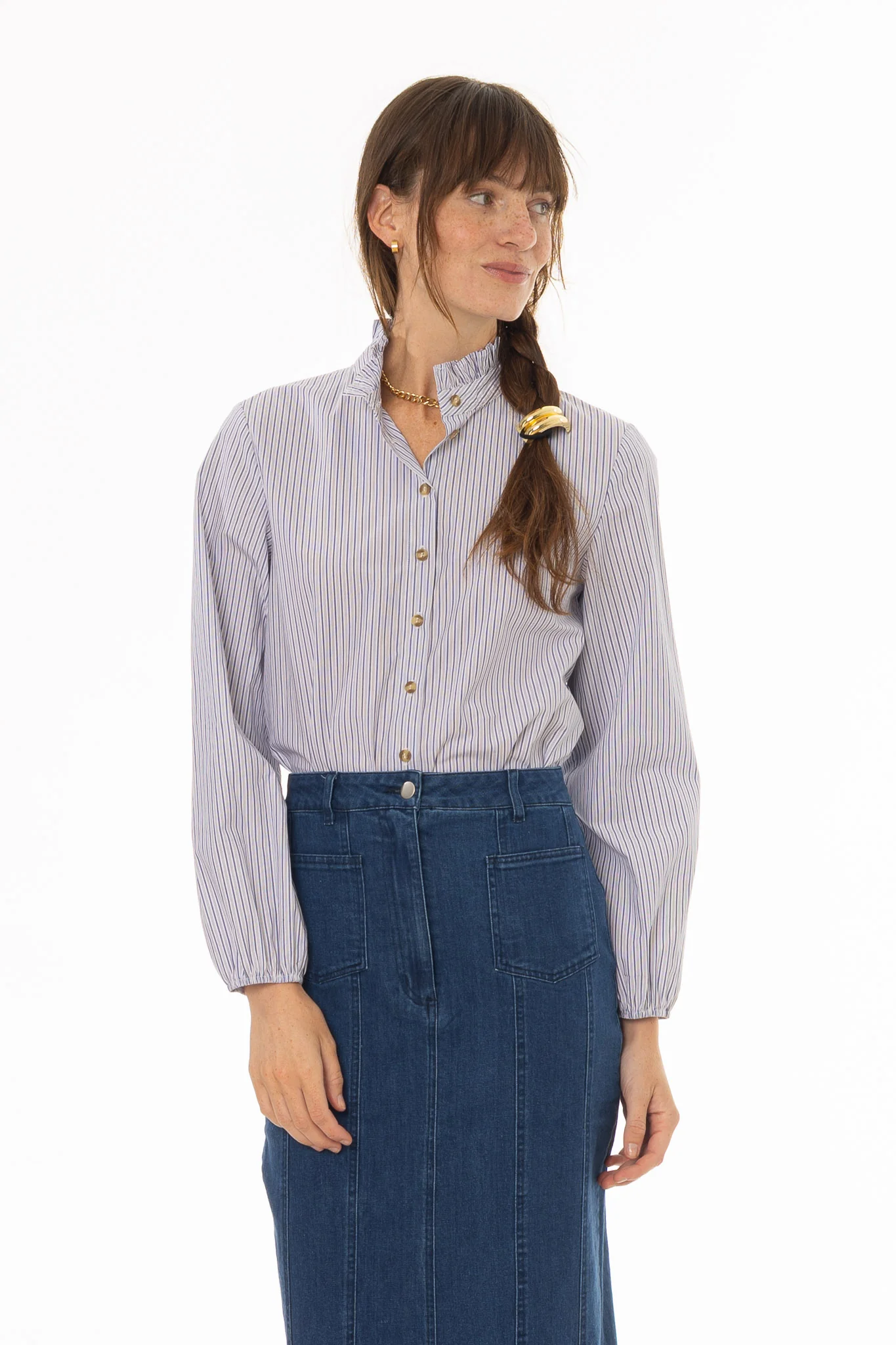 Blue Stripe Ruffle Collar Blouse - Image 5