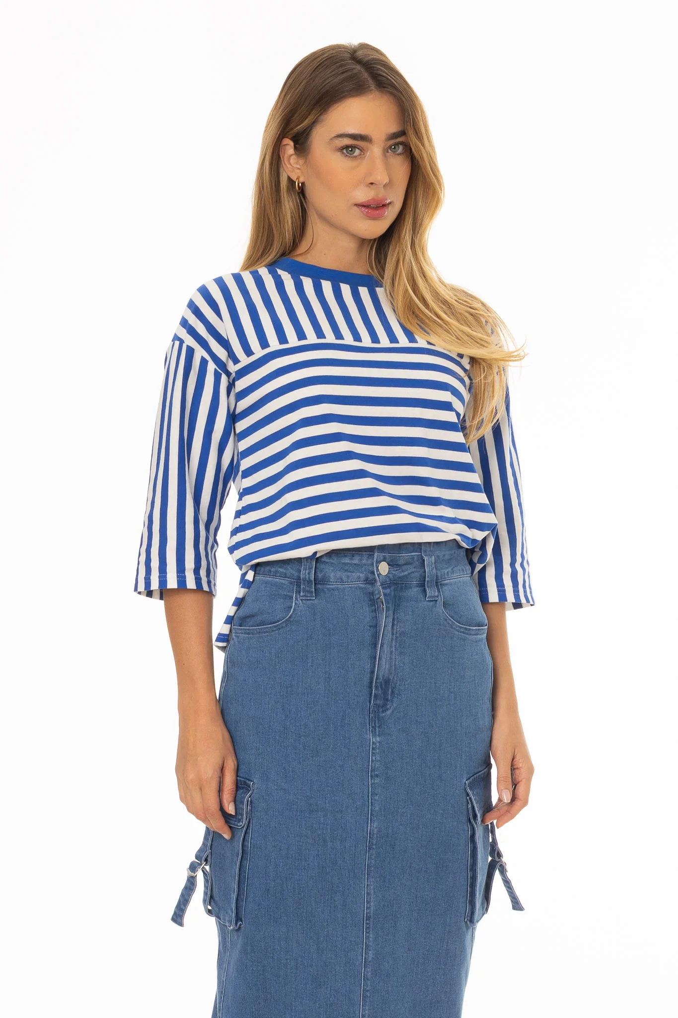 Blue Striped Contrast T-Shirt - Image 2