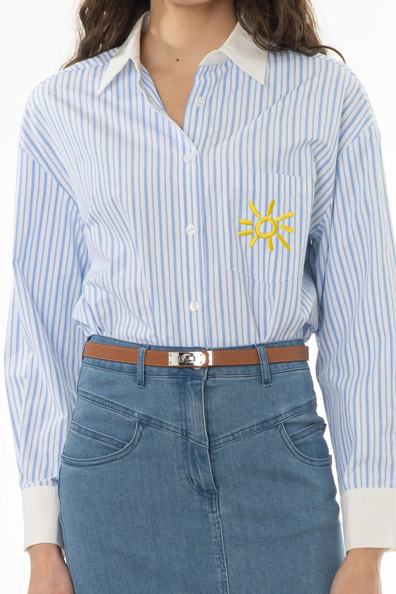 Blue Striped Embroidered Blouse - Image 2