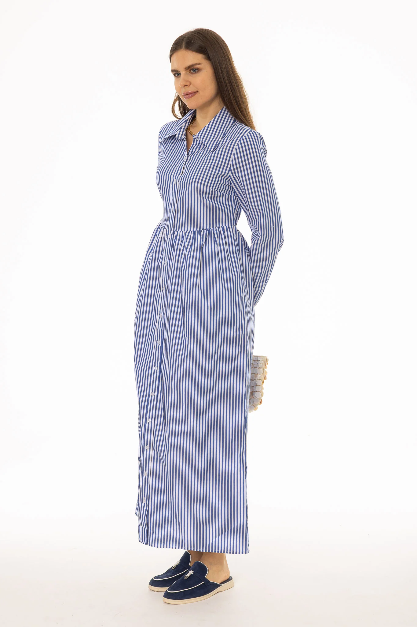 Blue Striped Waisted Maxi Dress - Image 3
