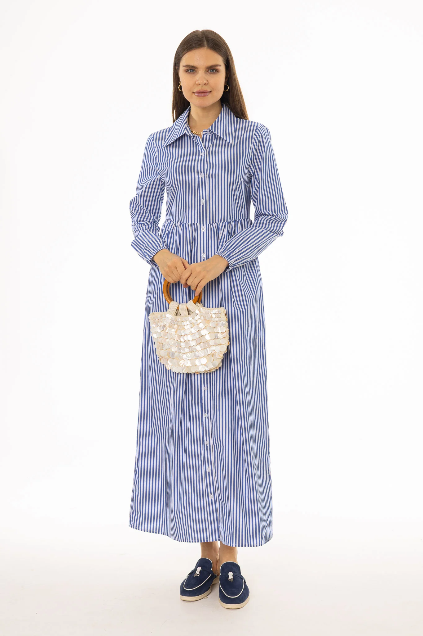Blue Striped Waisted Maxi Dress - Image 5