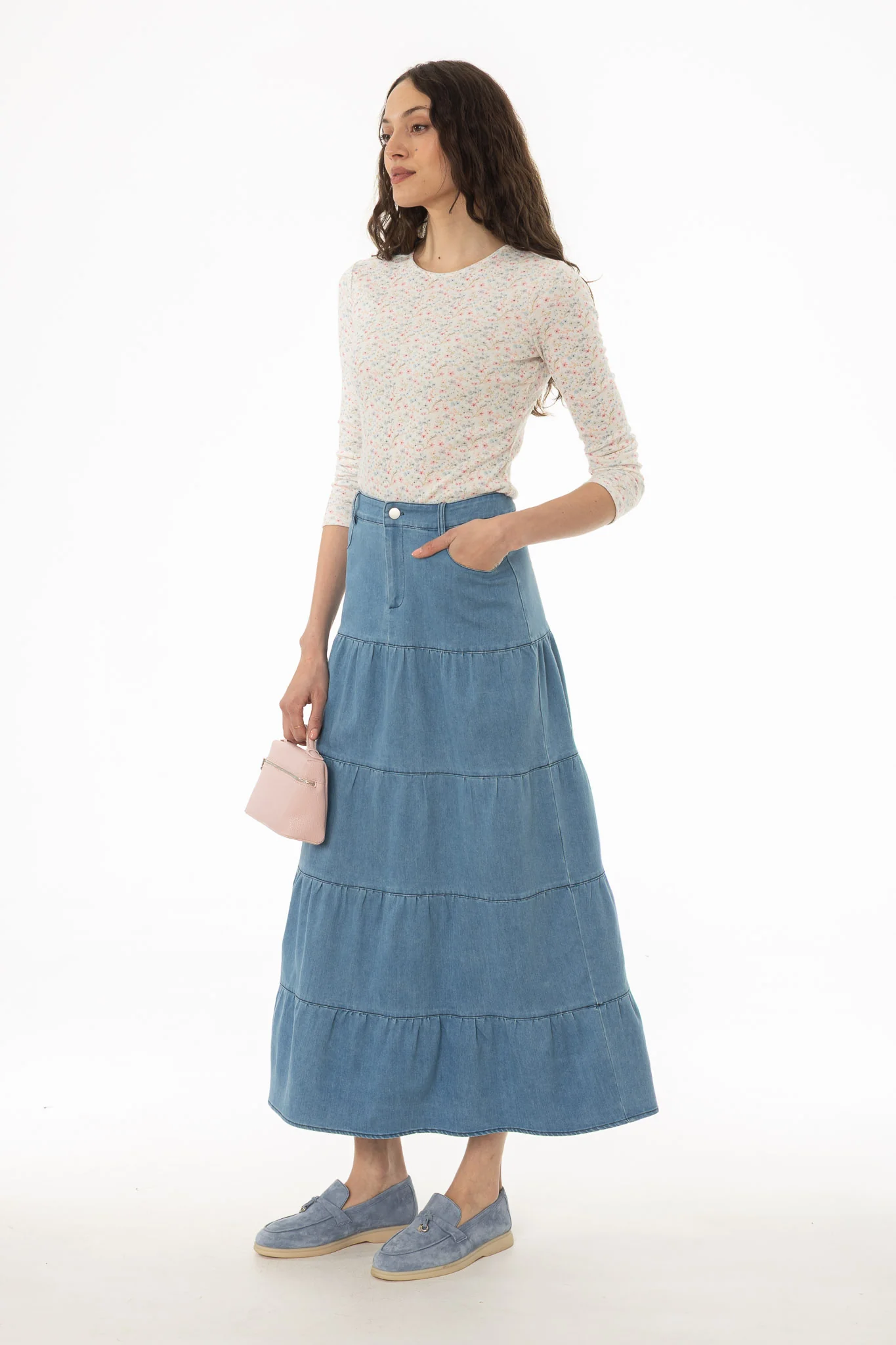Blue Tiered Denim Maxi Skirt - Image 3