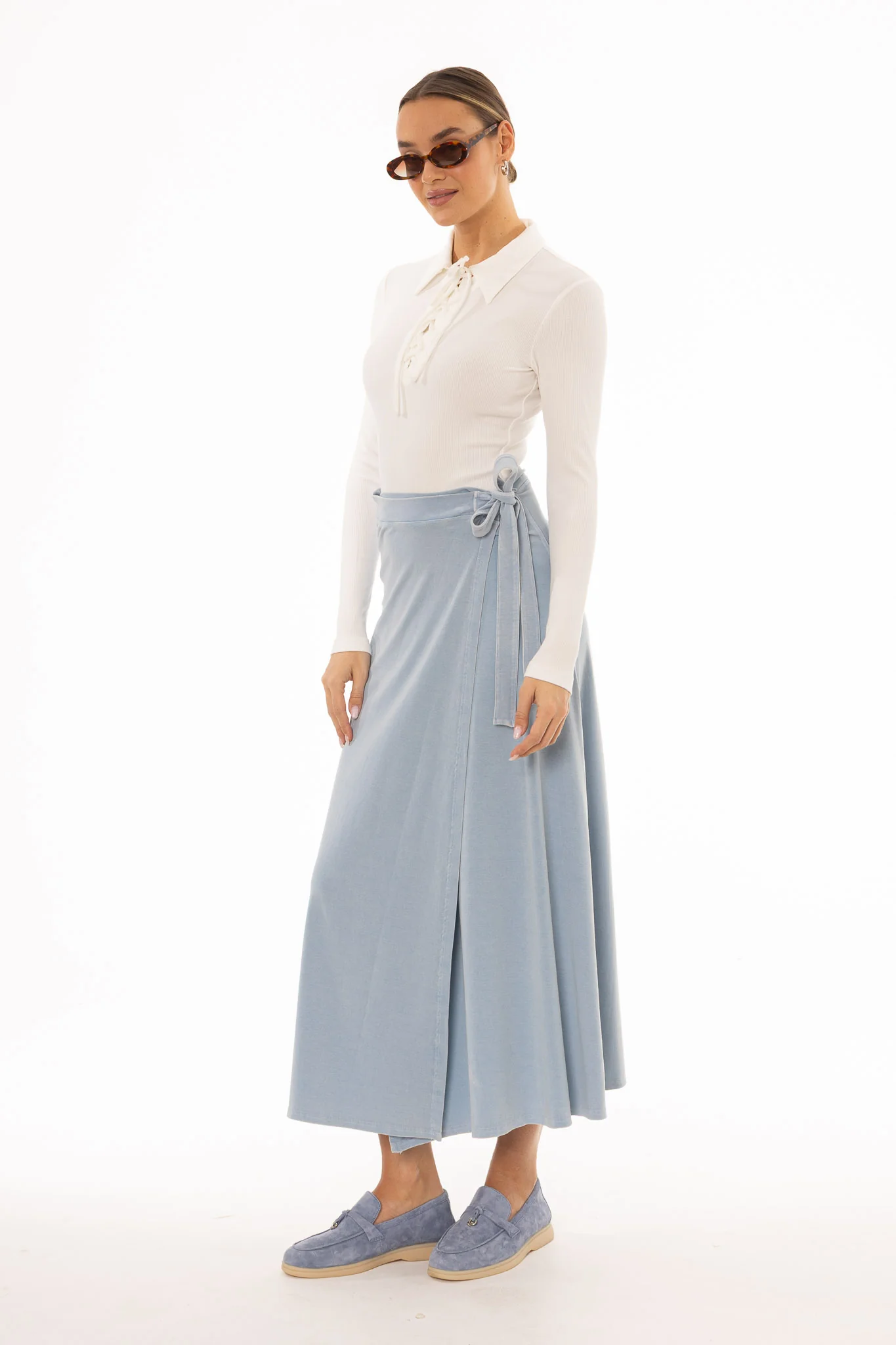 Blue Wash Stretch Wrap Maxi Skirt - Image 3