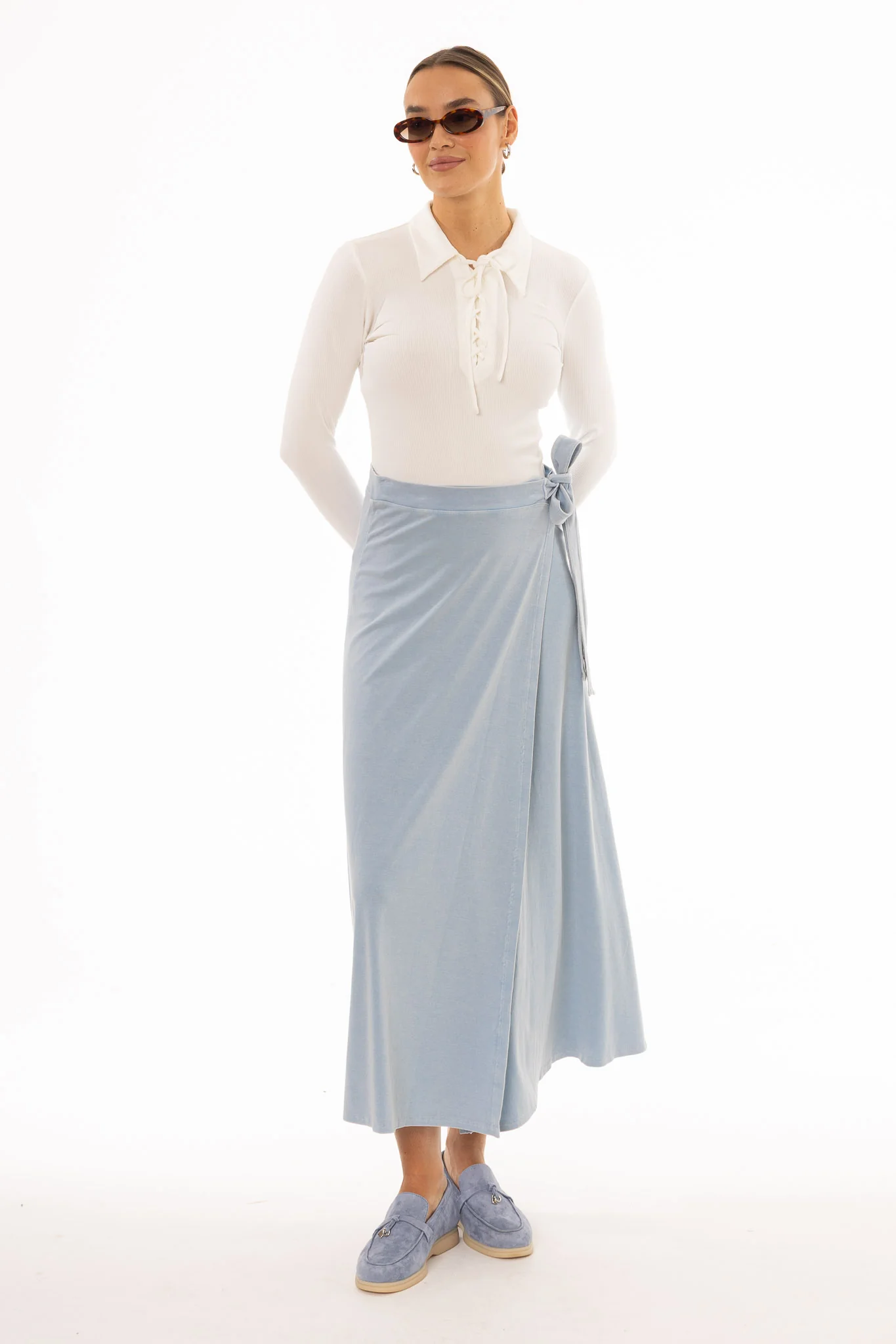 Blue Wash Stretch Wrap Maxi Skirt - Image 5
