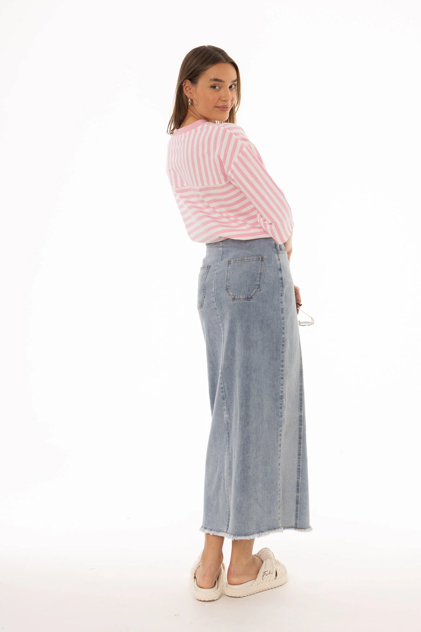 Blue Wash Two Tone Denim Maxi Skirt - Image 3