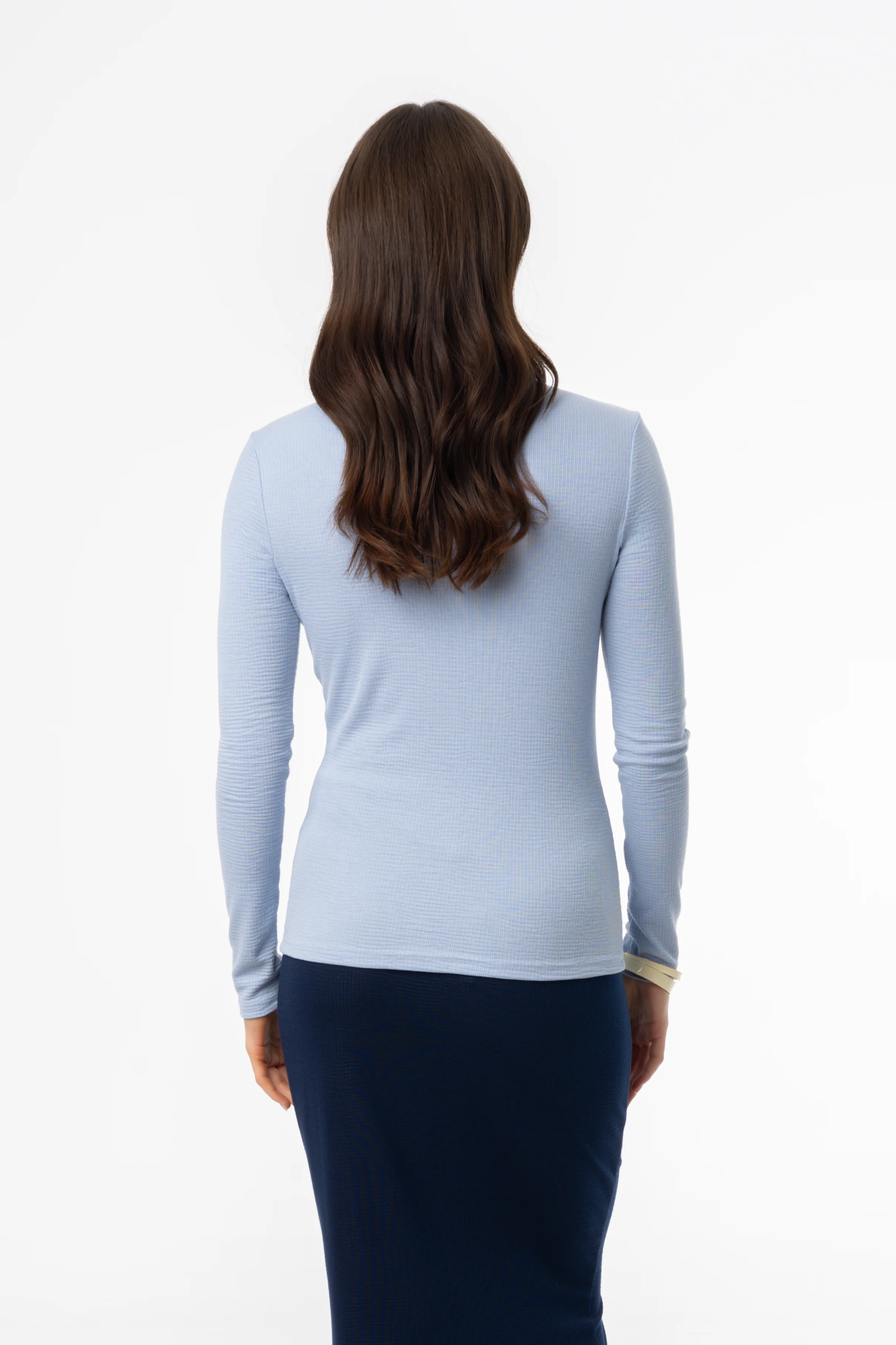 Blue Waved Round Neck Long Sleeve T Shirt - Image 3